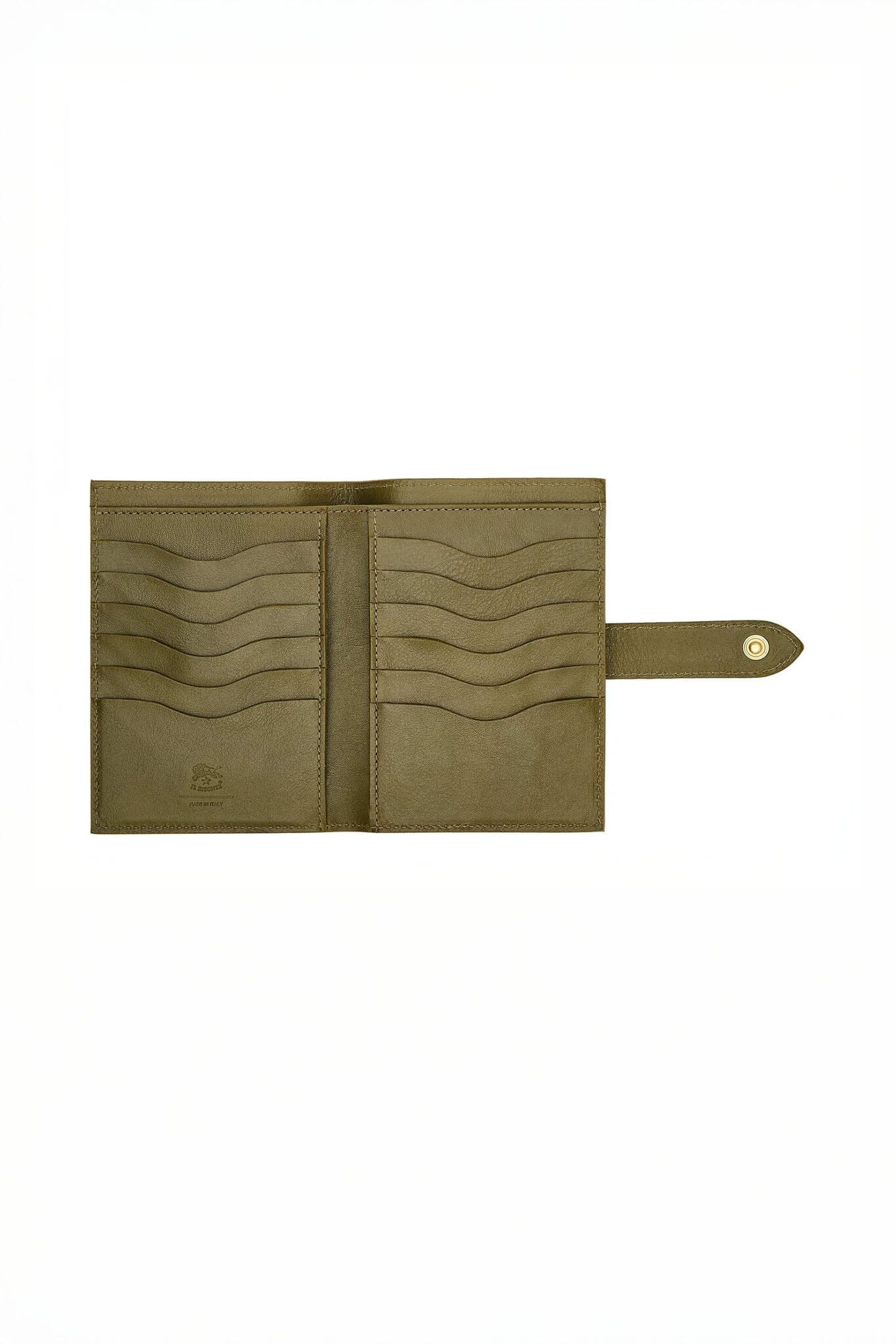 The inside pockets of the Il Bisonte Olive green leather clutch