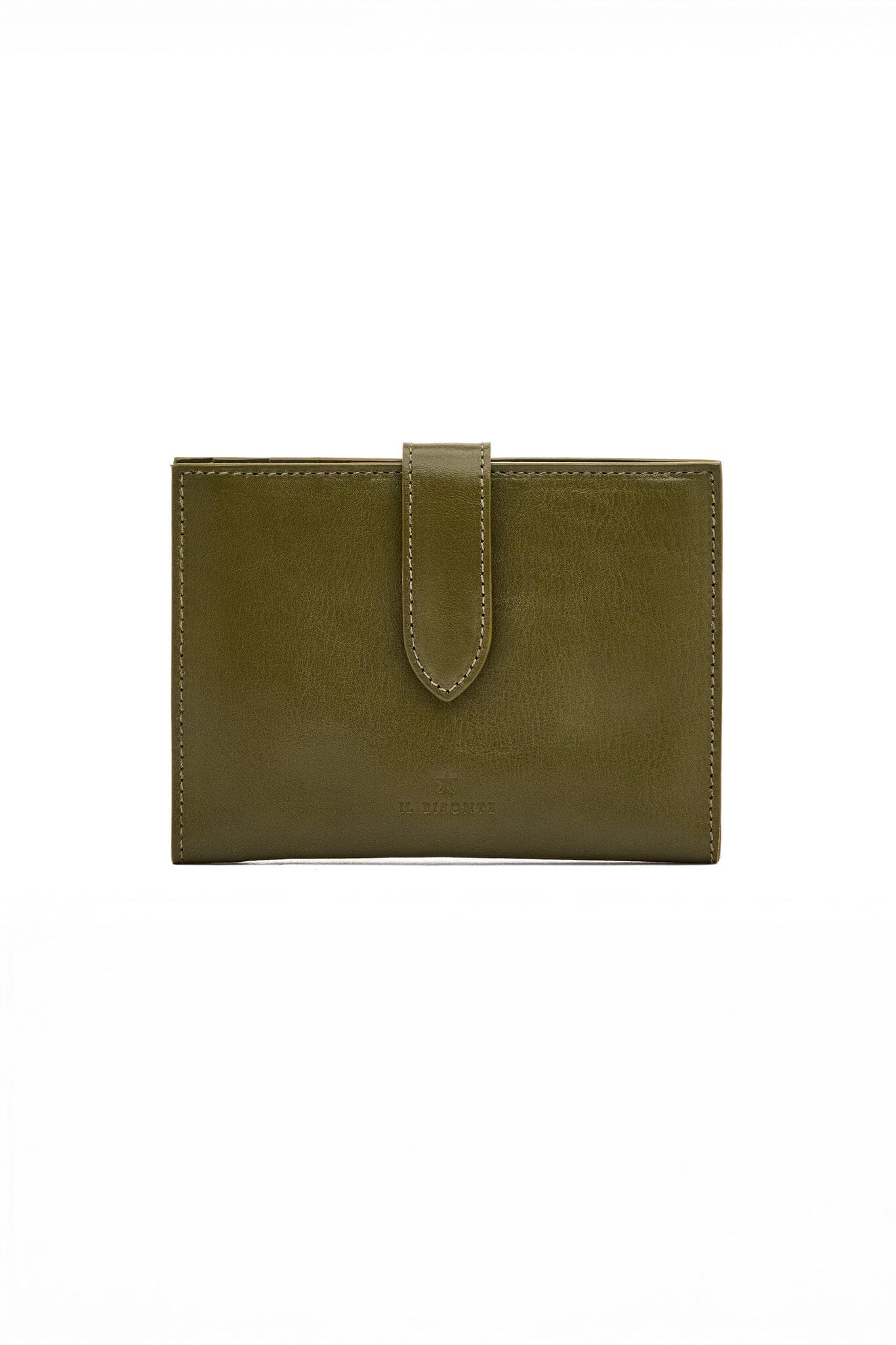 Olive green leather clutch wallet on a white background