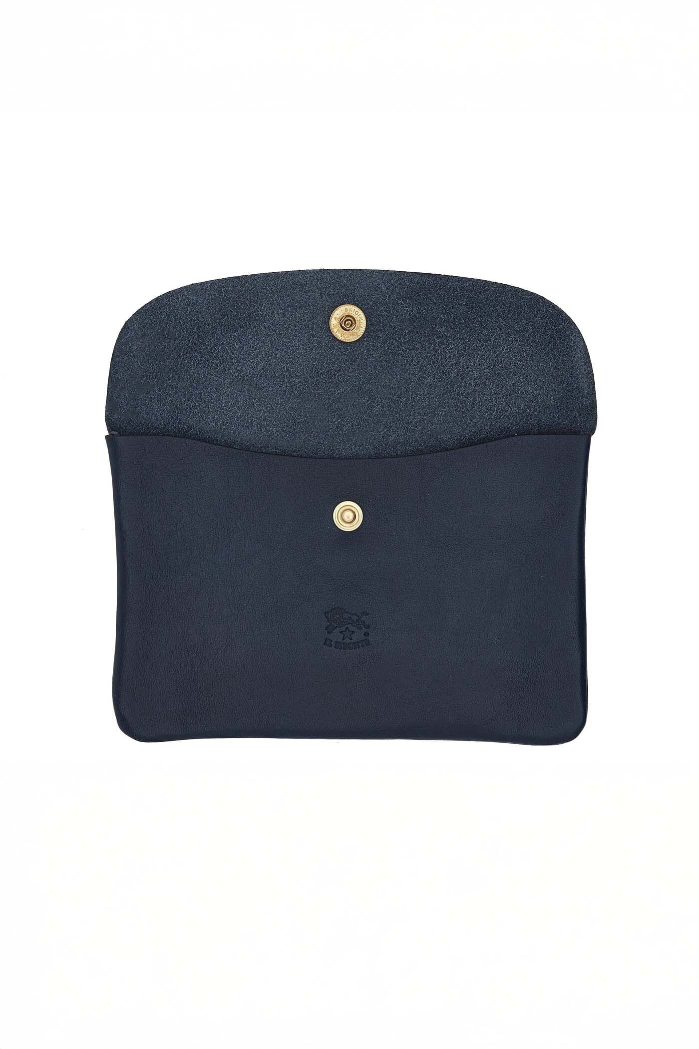 Navy blue pouch with suede interior and brass snap closure on a white background