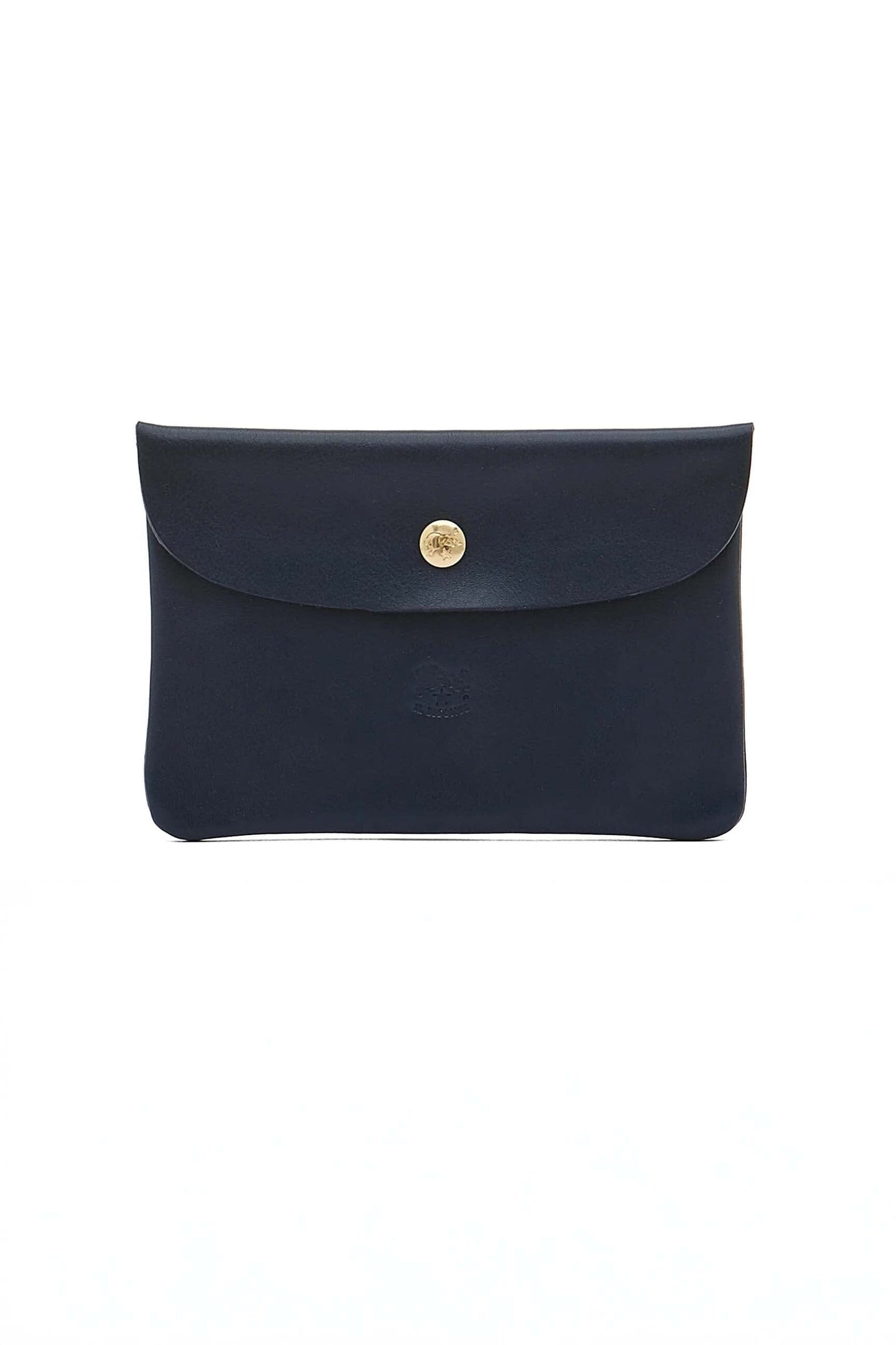 Navy blue clutch bag with a brass button on a white background
