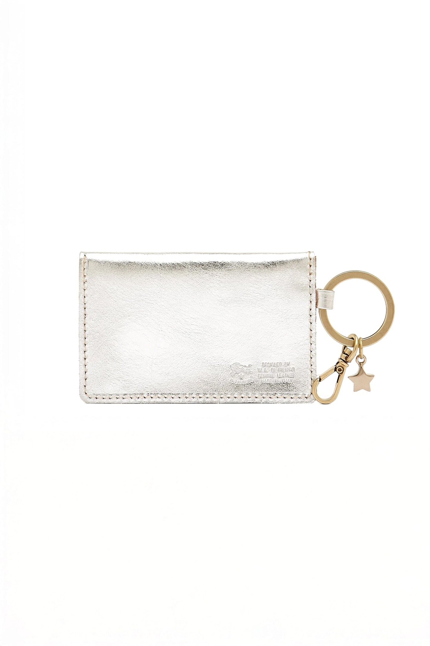 The back of a small metallic silver wallet with a snap closure and gold keychain feature