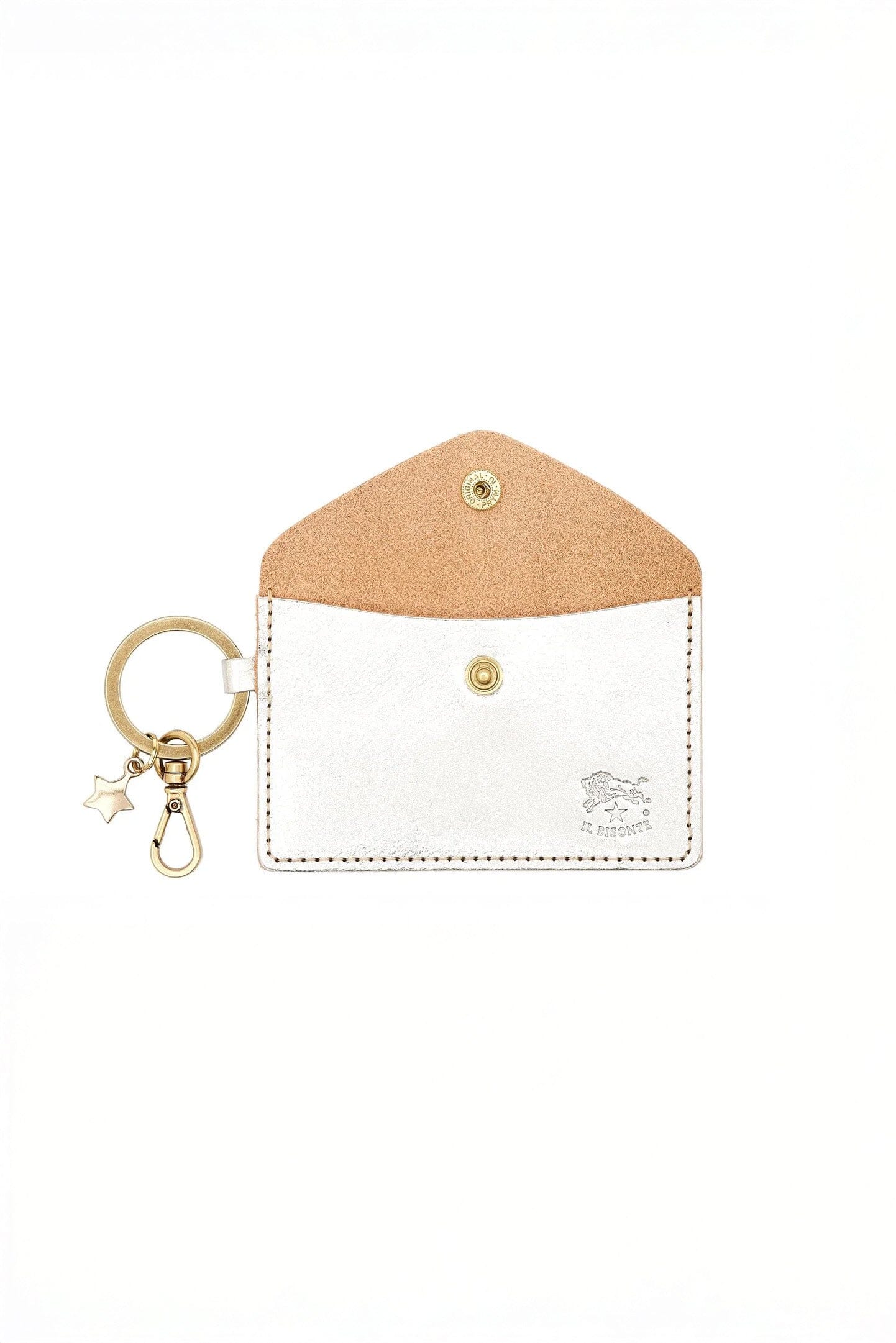 A small metallic silver wallet with a snap closure, suede interior and gold keychain feature