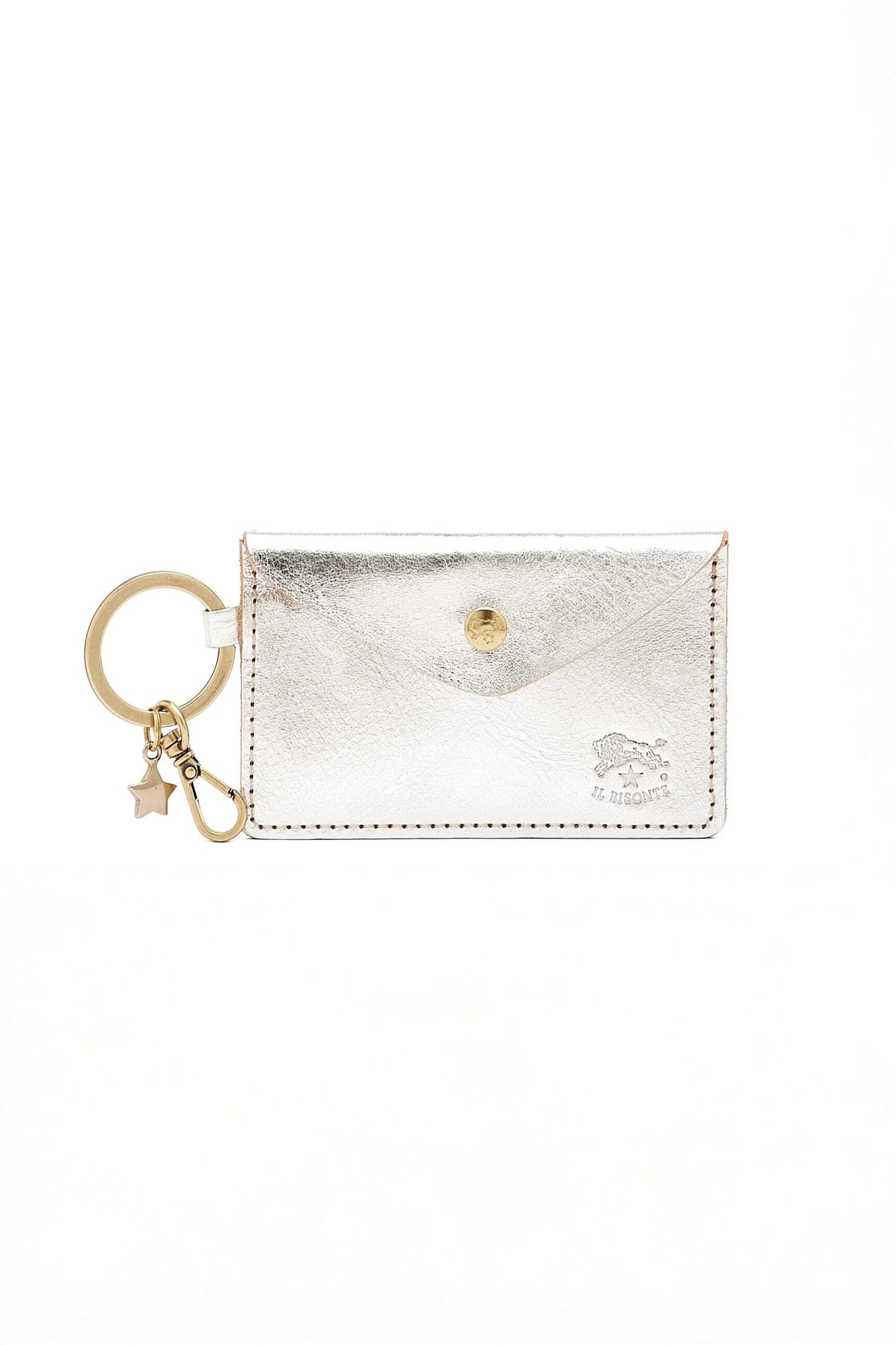 A small metallic silver wallet with a snap closure and gold keychain feature