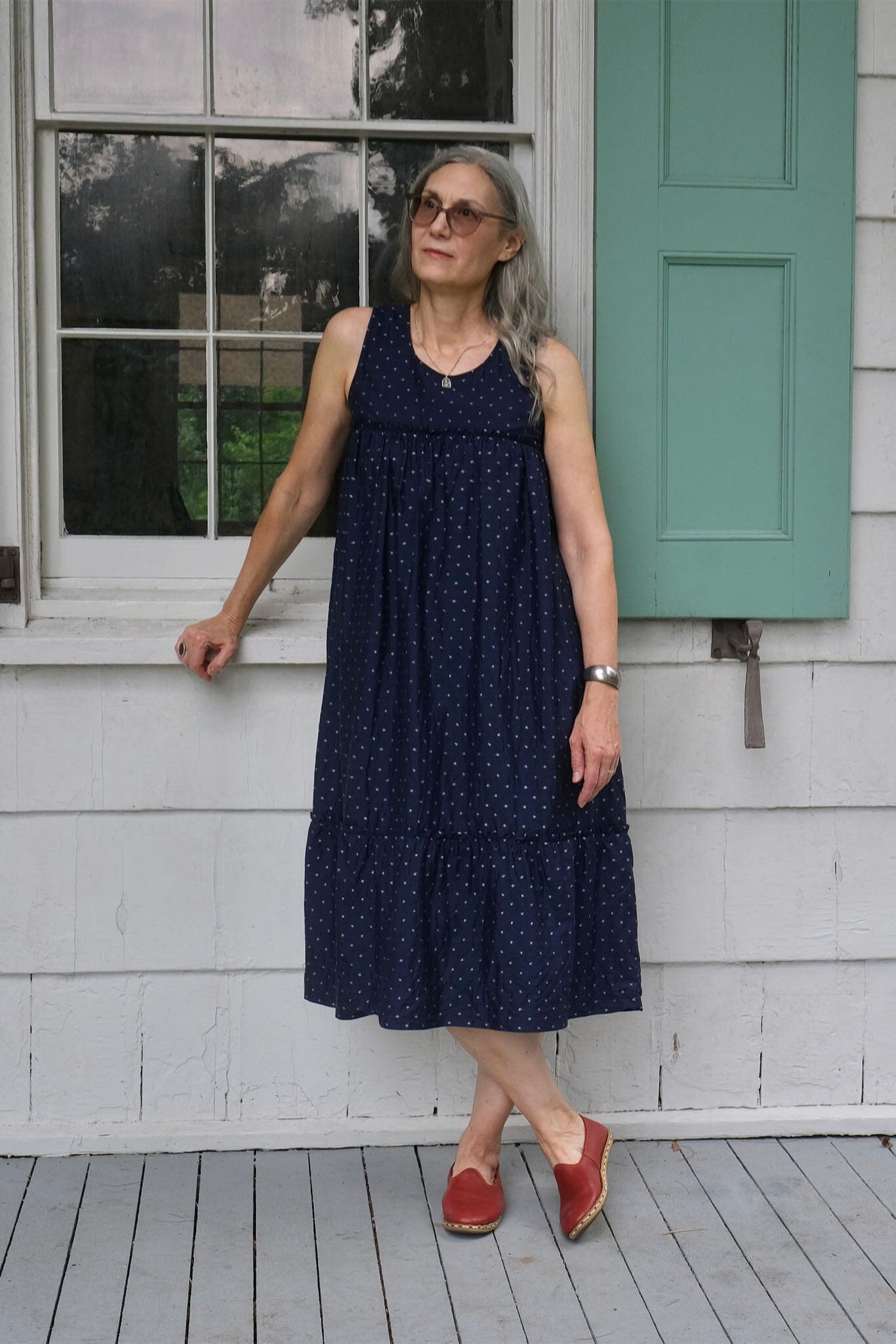 navy blue tiered dress Molinetto Lace Ruffled Sleeveless Maxi Hidden back zipper/clasp Handwoven Ikat Tiered Dress 