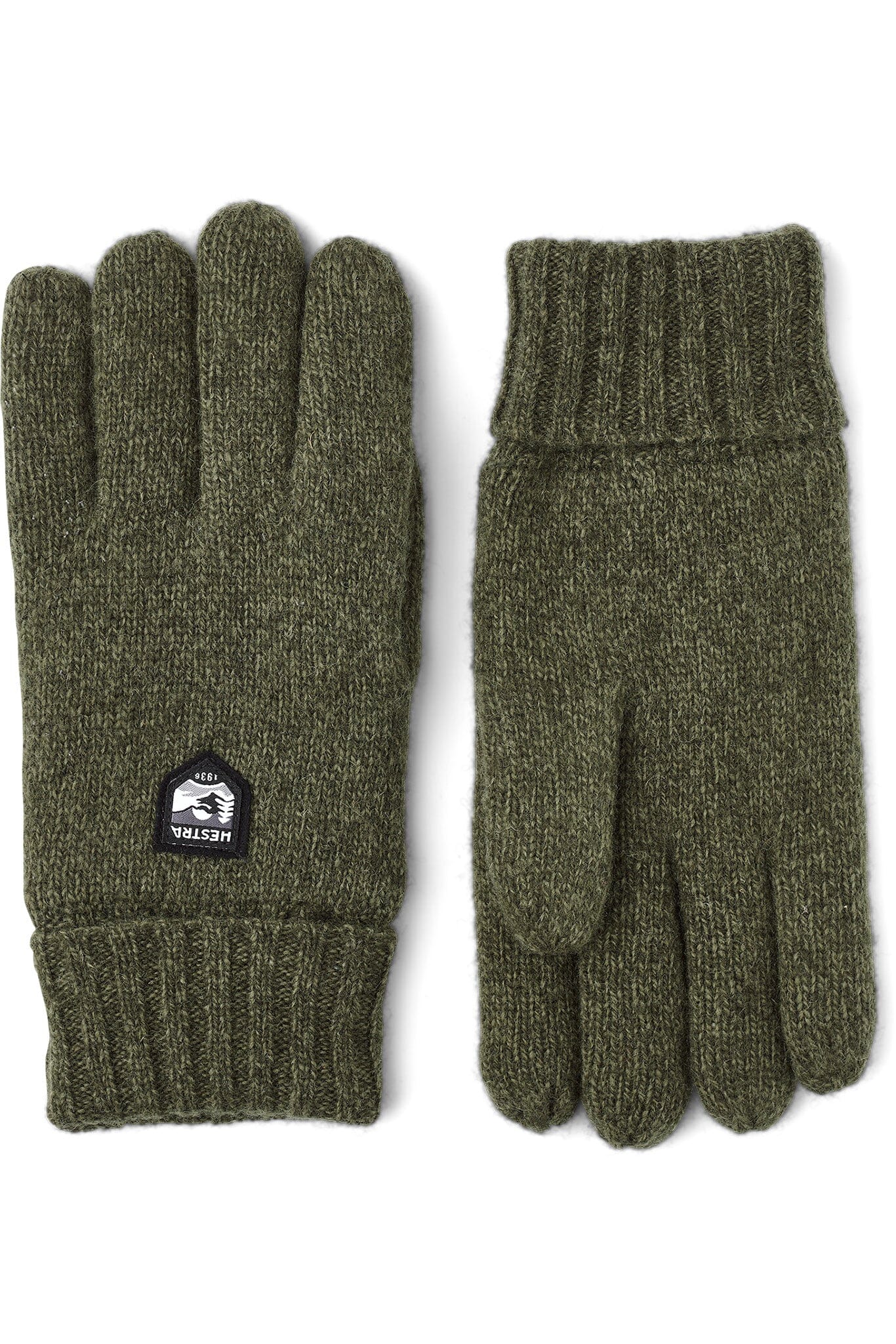 A pair of olive green, wool blend gloves with Thinsulate insulation and a small Hestra logo on the backhand.