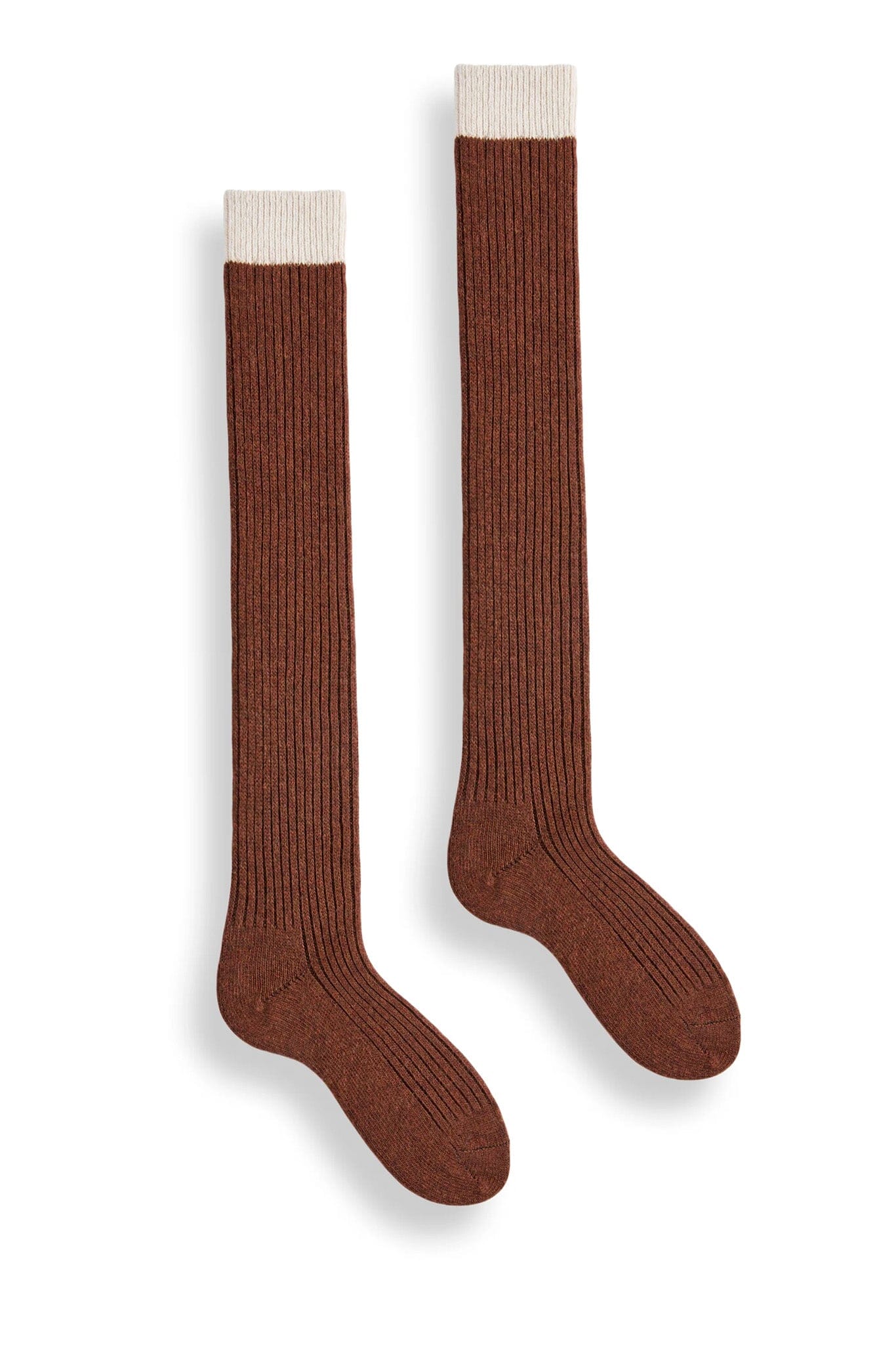 A pair of knee-high socks in acorn brown color with a cream-colored cuff.