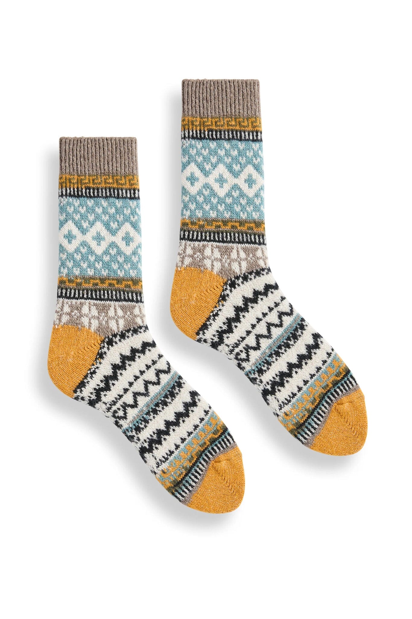 A pair of lisa b. Faire Isle Wool Socks with a geometric pattern in multiple colors, including beige, blue, black, and yellow.