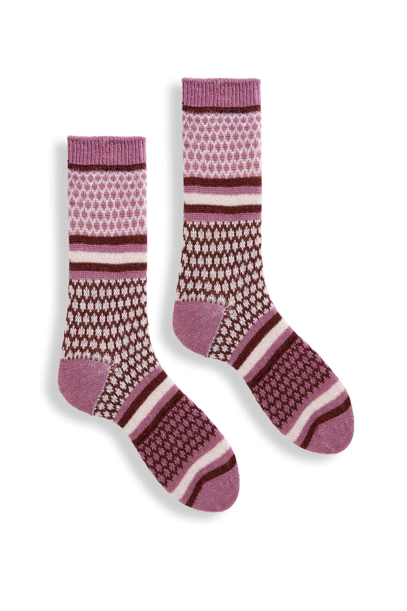 A pair of rosewood purple wool socks with a geometric honeycomb pattern.