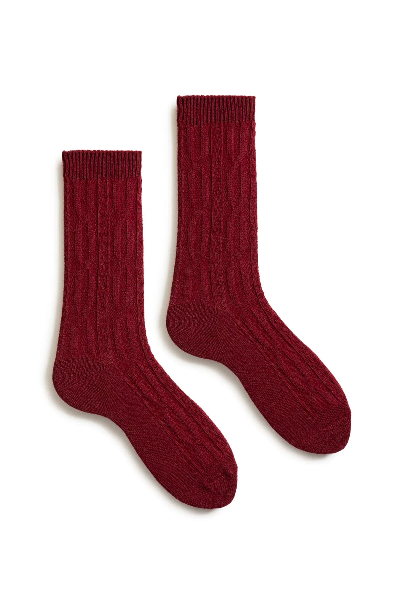 A pair of burgundy wool cashmere socks laid out flat.