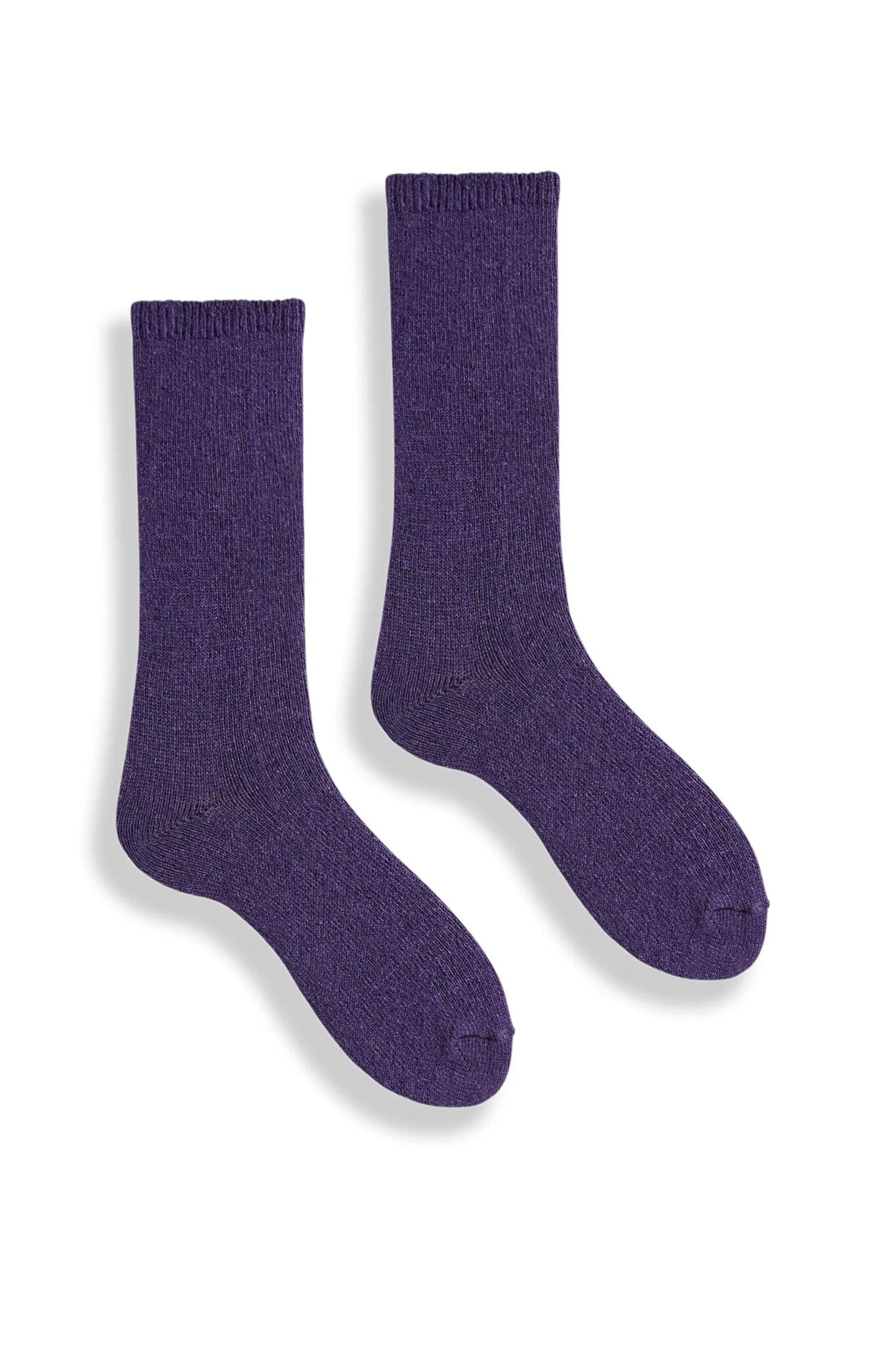 A pair of purple wool cashmere socks displayed against a white background.
