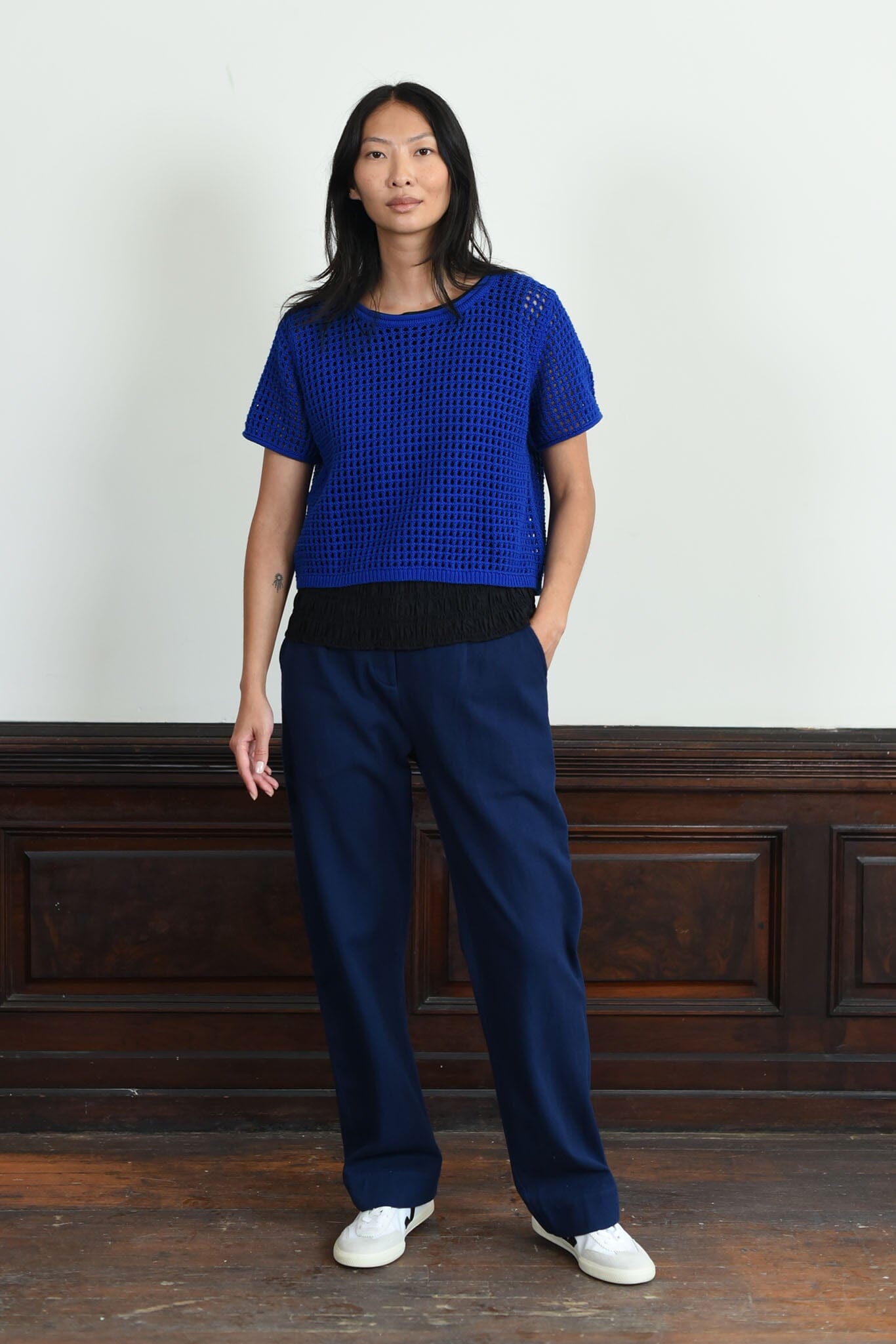 The large Cobalt Riis Mesh Top by M.Patmos features a slightly cropped, boxy mesh knit top with rib trims, made from 100% Peru-grown tanguis cotton.
