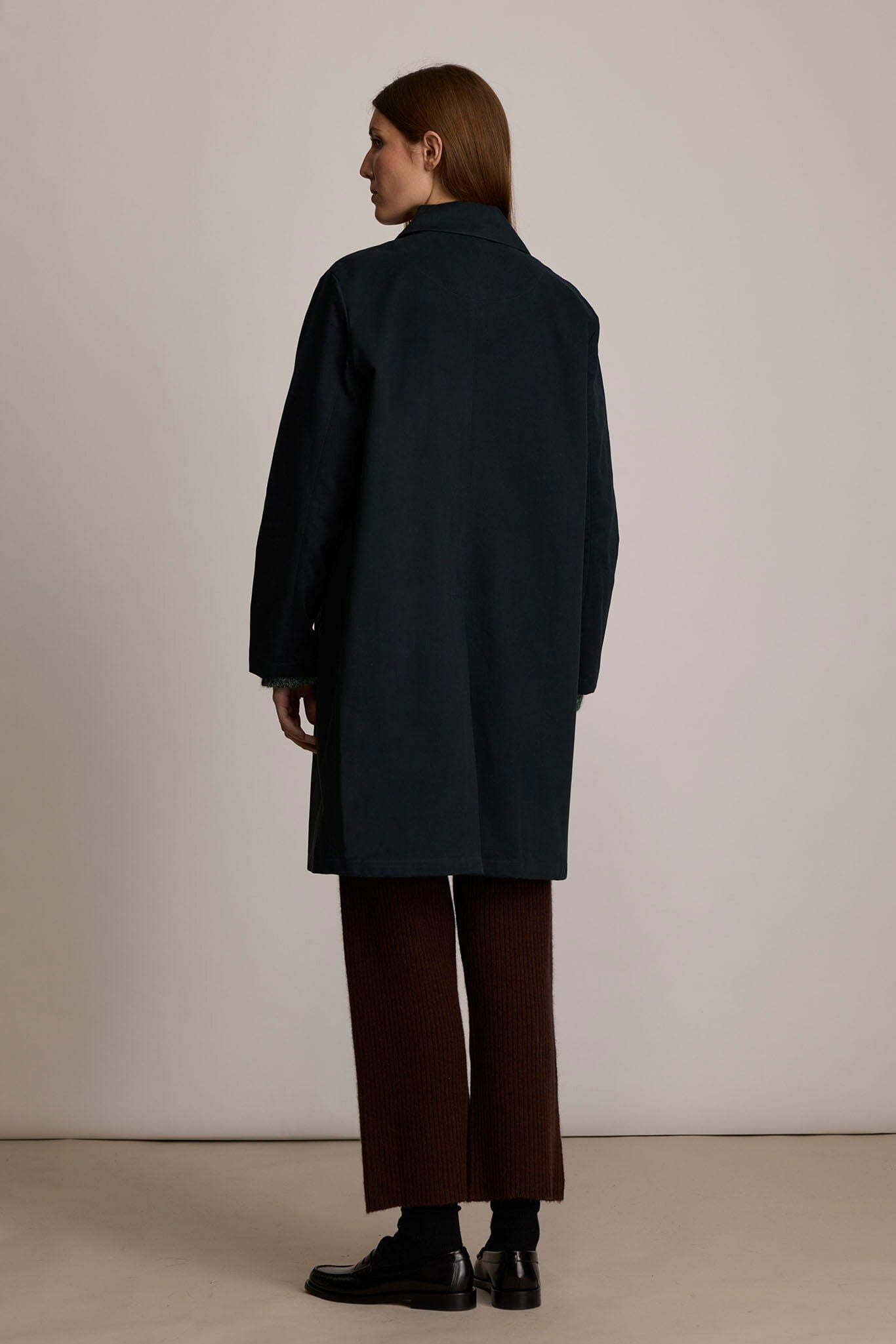 M.PATMOS Sylvie Navy Organic Cotton Twill Mackintosh with Horn Buttons
