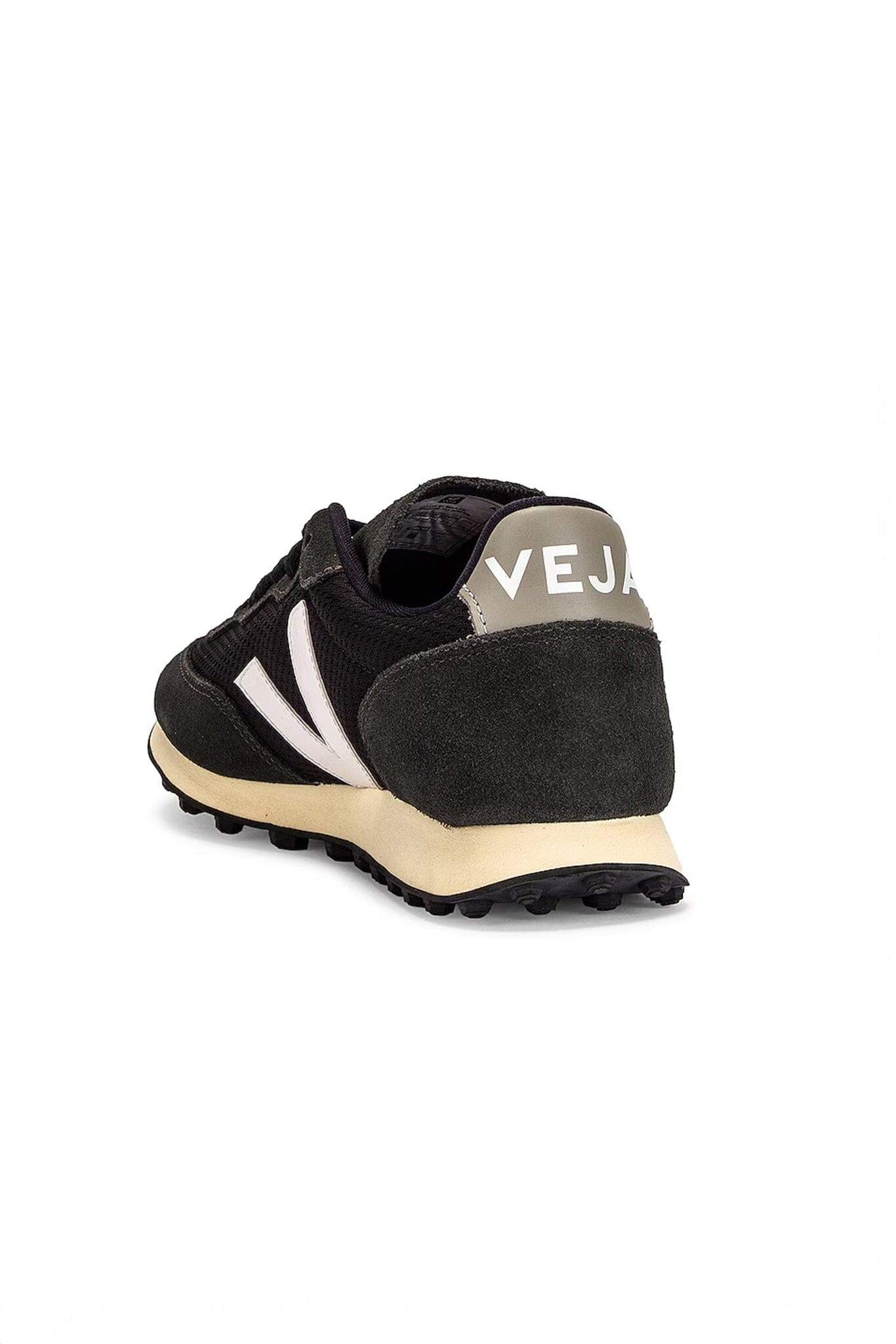 Back view of Veja Rio Branco Alveomesh sneakers with oxford grey suede and black mesh panelling, white logo patch, round toe, and front lace-up fastening.