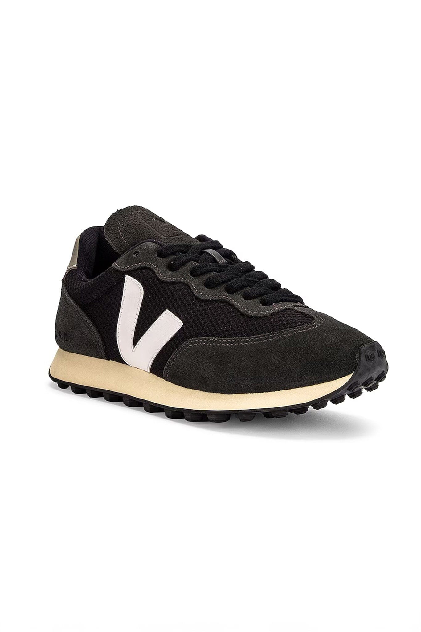 Top view of Veja Rio Branco Alveomesh sneakers with oxford grey suede and black mesh panelling, white logo patch, round toe, and front lace-up fastening.