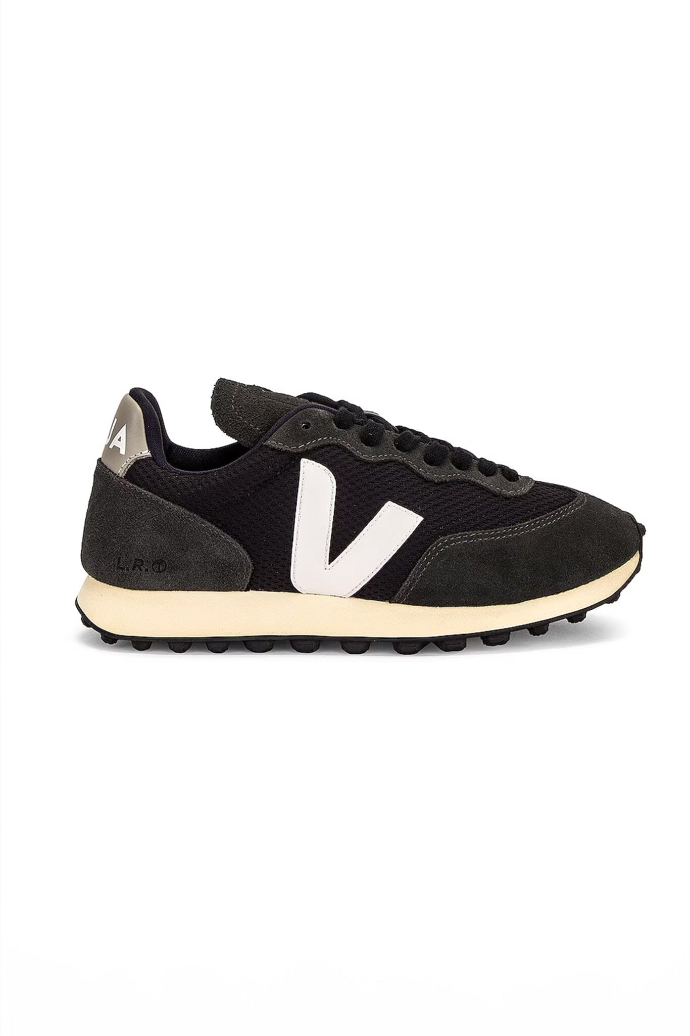 Veja Rio Branco Alveomesh low-top sneakers with oxford grey suede and black mesh panelling, white logo patch, round toe, and front lace-up fastening.