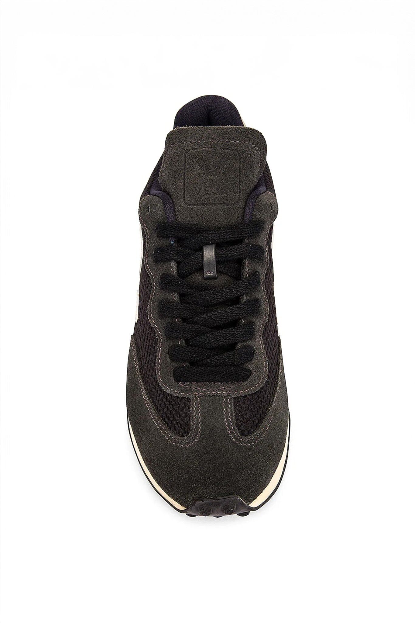 Front view of Veja Rio Branco Alveomesh sneakers with oxford grey suede and black mesh panelling, white logo patch, round toe, and front lace-up fastening.