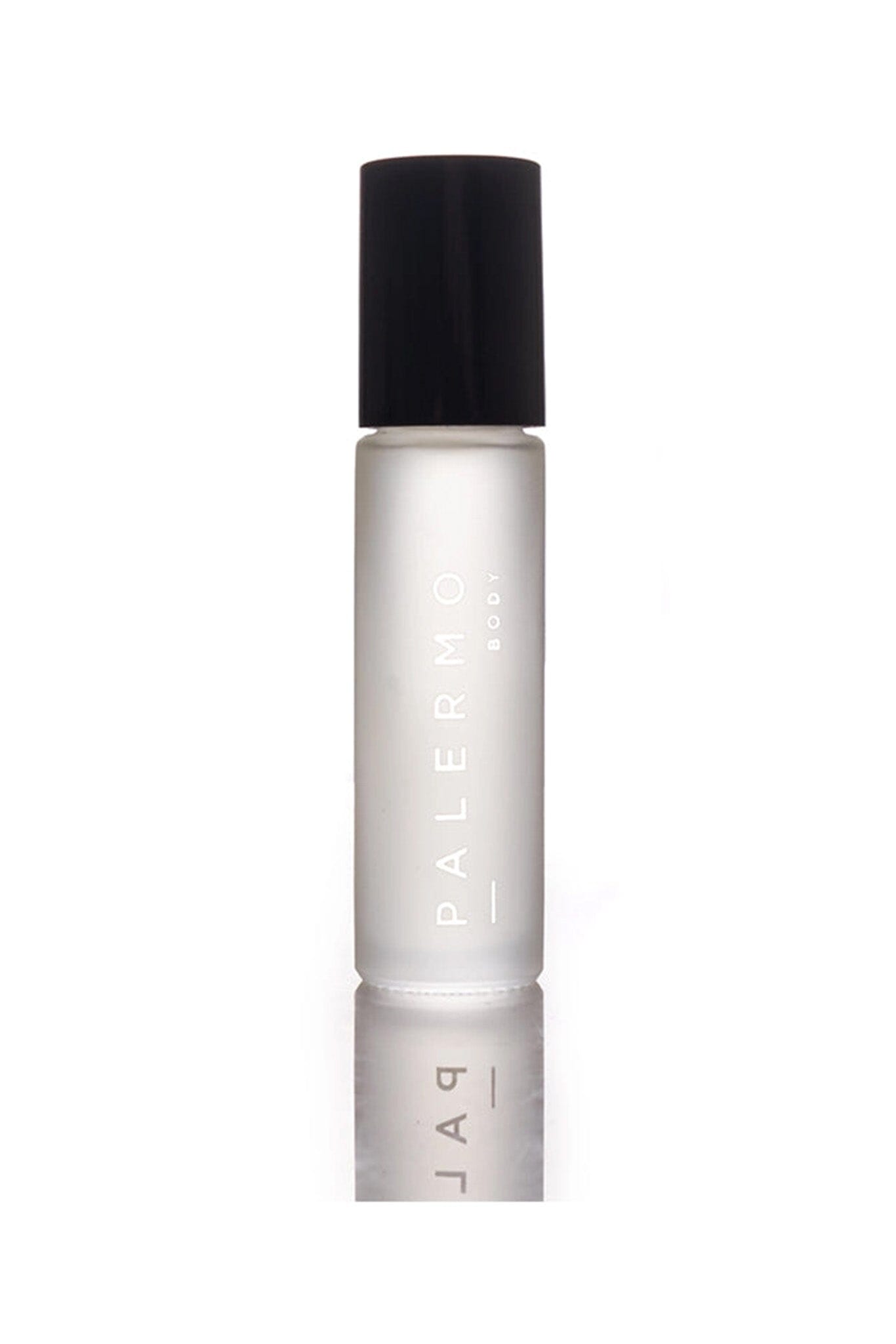 A small, clear glass bottle with a black cap, labeled with the brand name 'Palermo Body' containing the 'Enlivening Aromatherapy Oil.'.