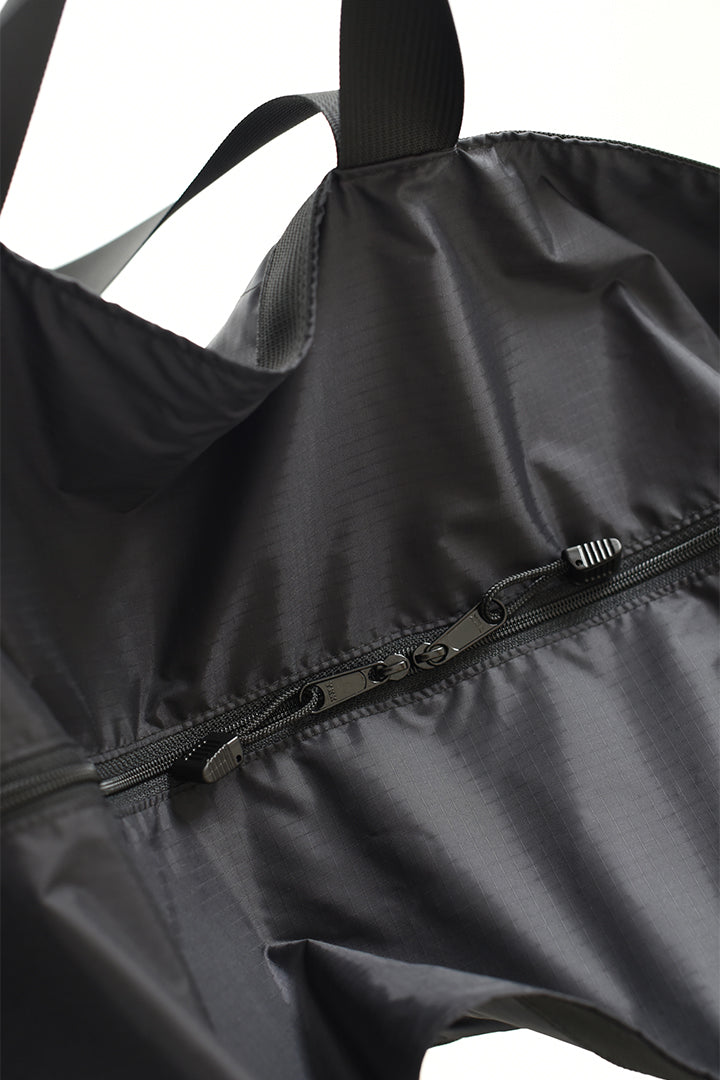A detailed shot of the zippers on the 8.6.4. black nylon large duffle bag