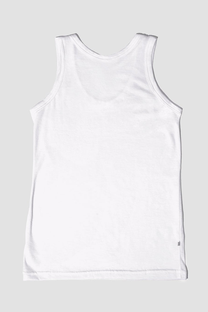 The back of the white, sleeveless tank top made from organic pima cotton, displayed against a solid background.