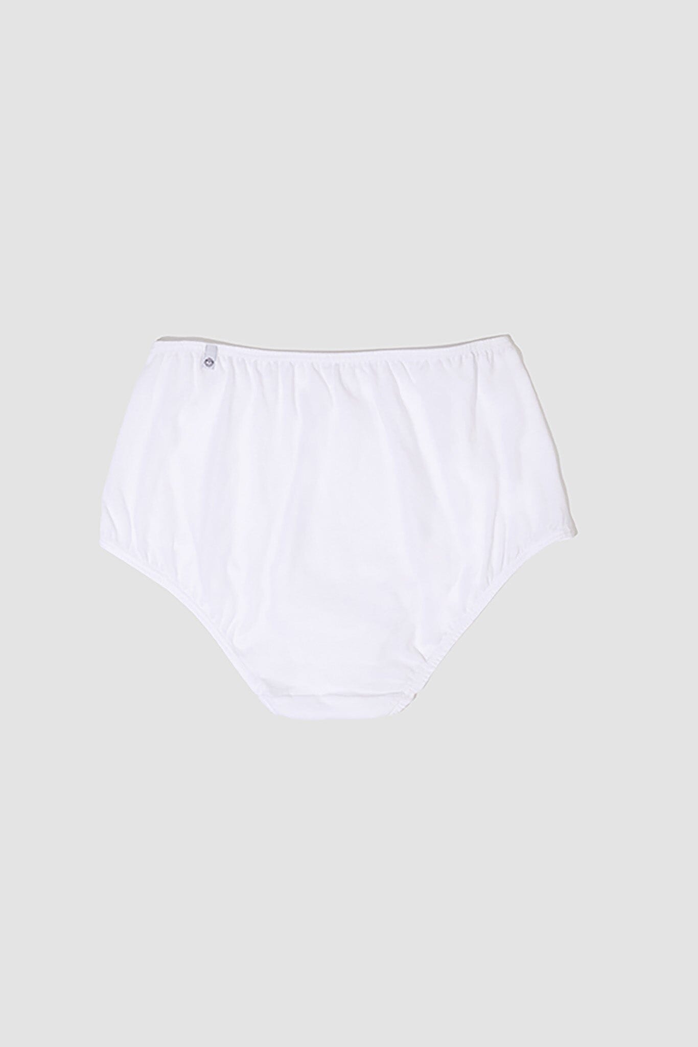 The back of a mid-rise white brief underwear on a plain background.