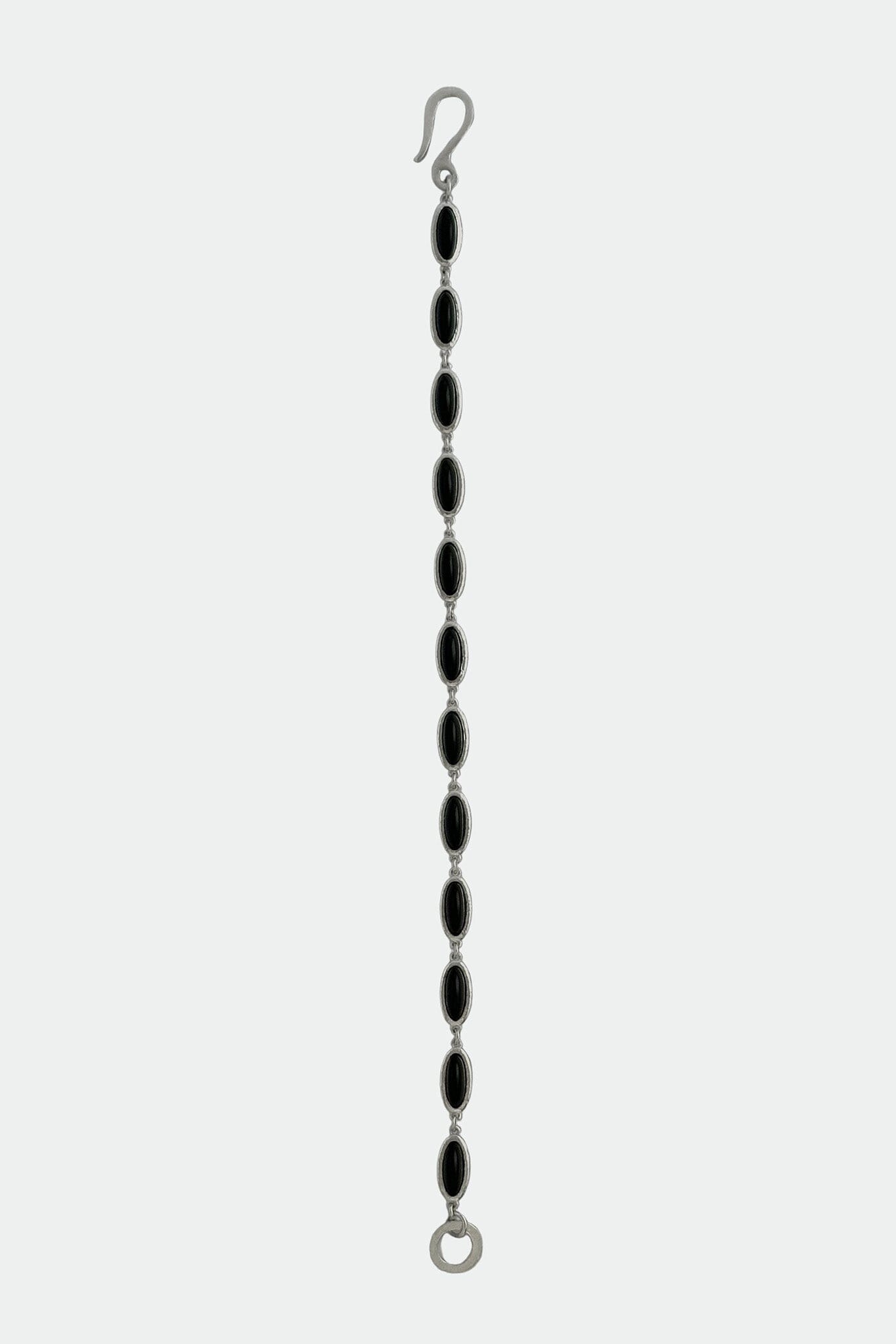 Black beaded bracelet with a hook closure on a white background