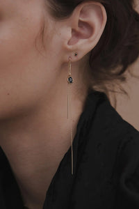 Close-up of a back diamond 14k yellow gold stud earring worn by a woman with a blurred background