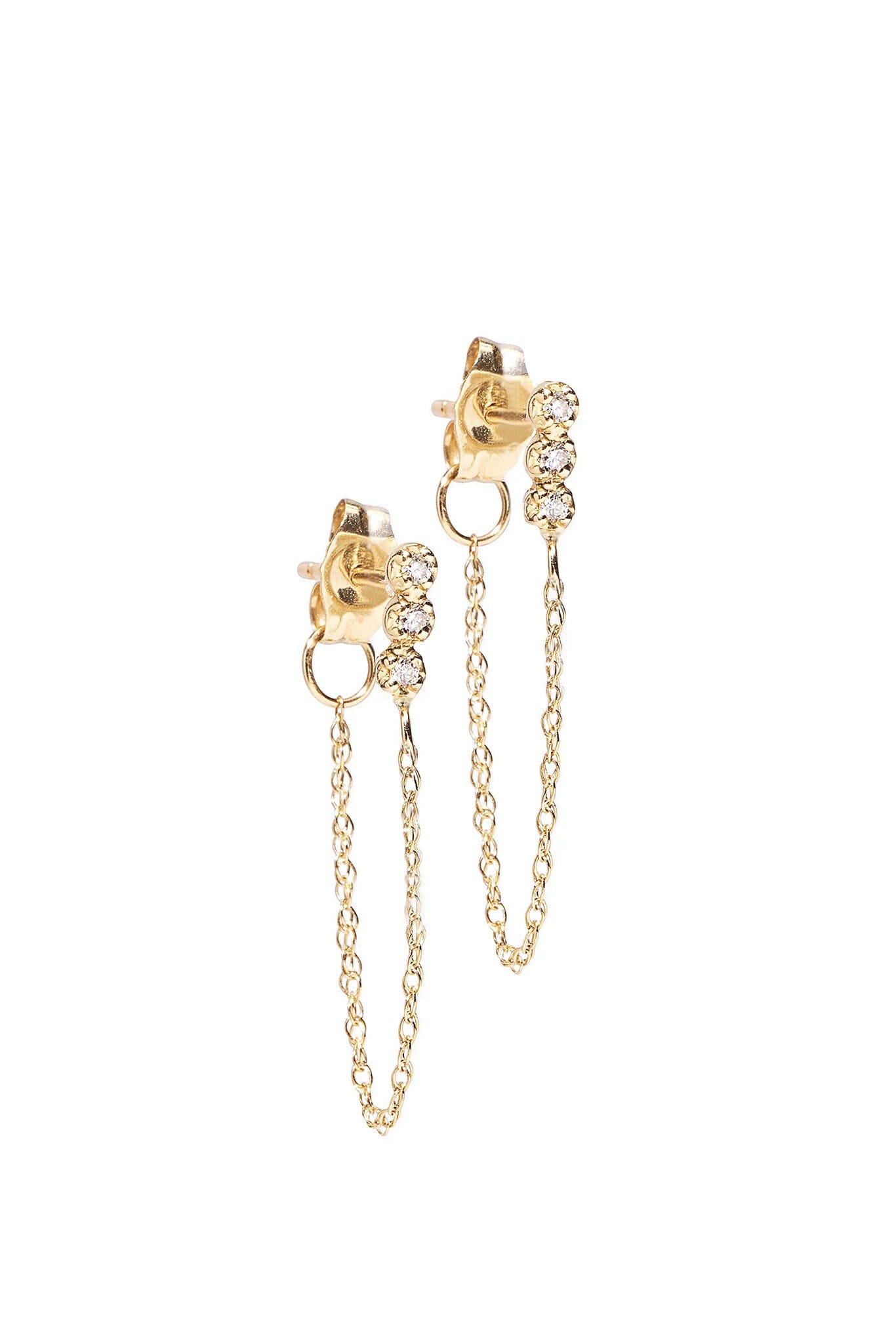 Gold earrings with chain details on a white background