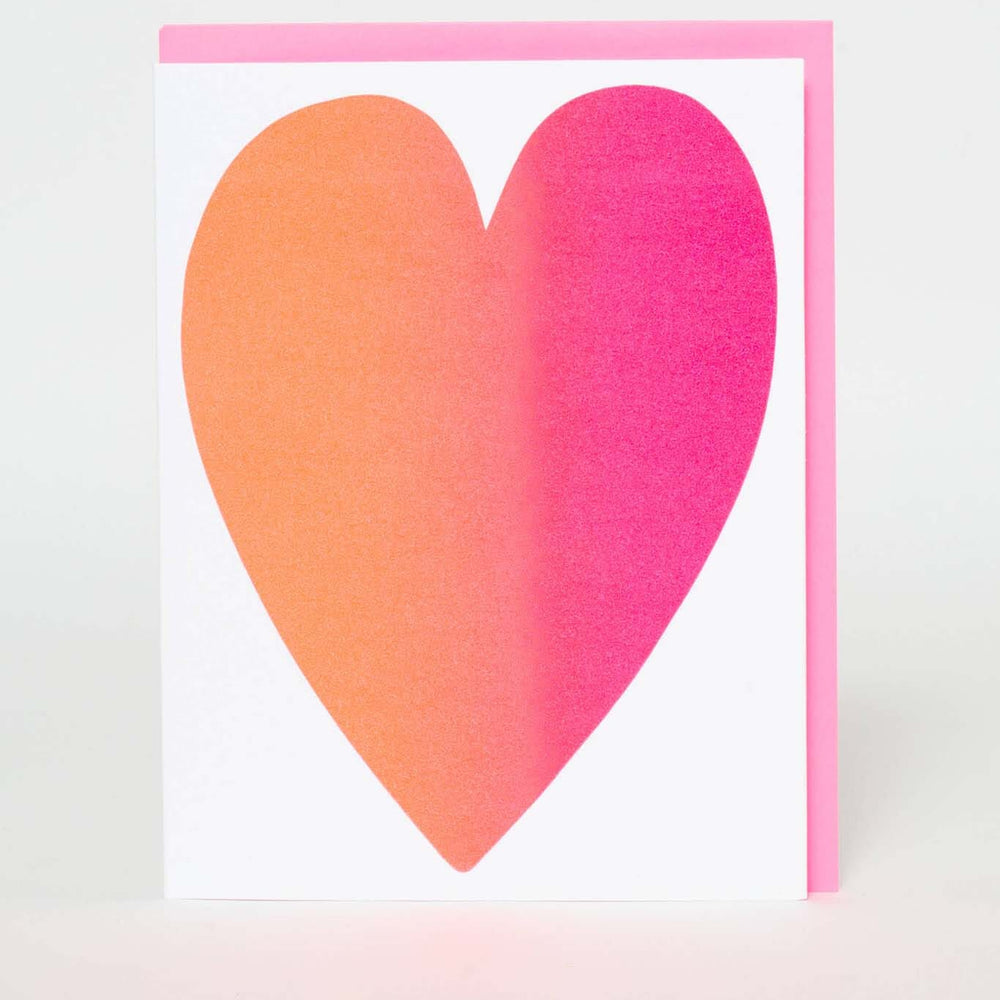 Heart-shaped card with pink and orange gradient on a white background