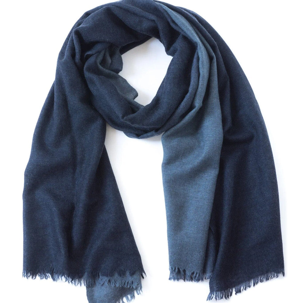 Navy and light blue cashmere scarf on a white background