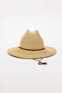 Beige straw hat with a wide brim on a white background
