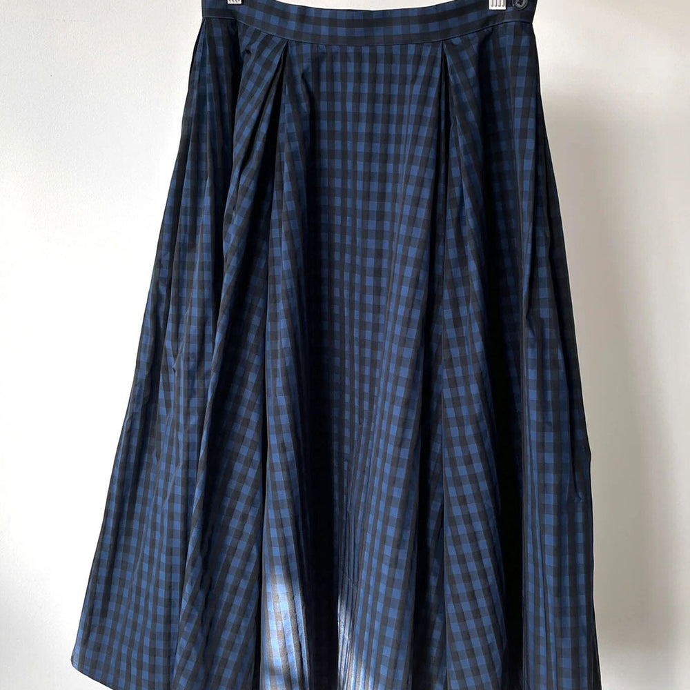 
                  
                    Blue checkered skirt on a hanger against a white background
                  
                