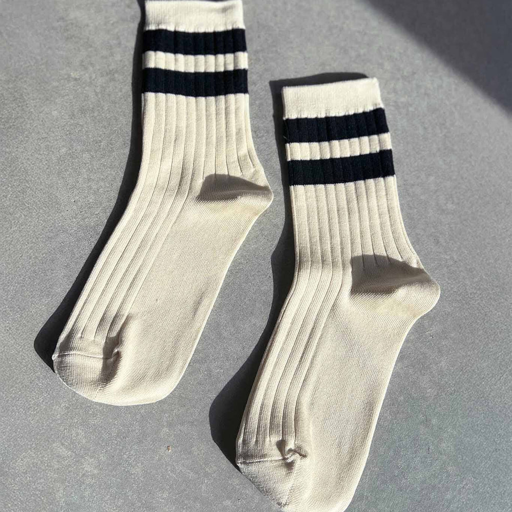 White socks with black stripes on a gray background