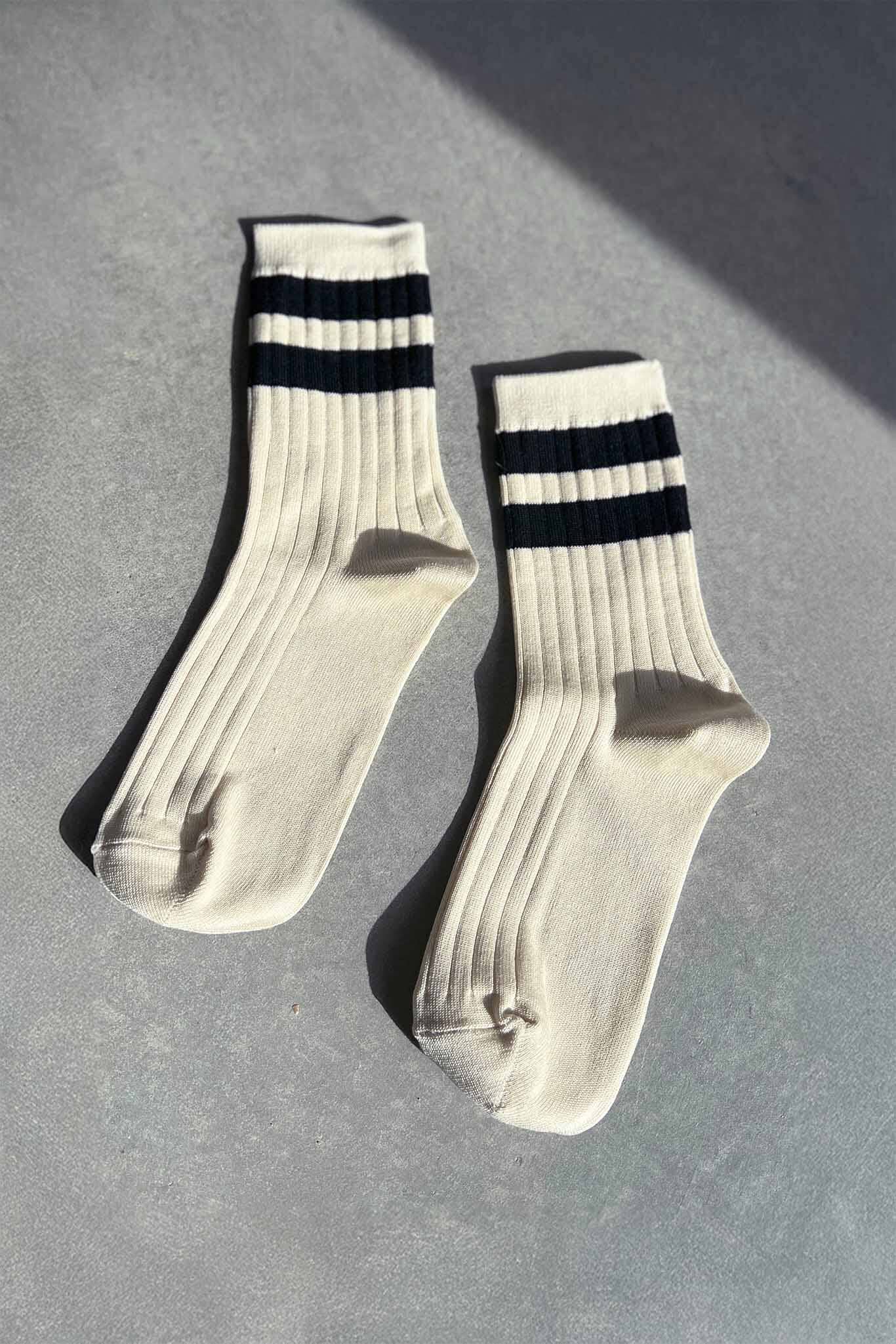 White socks with black stripes on a gray background