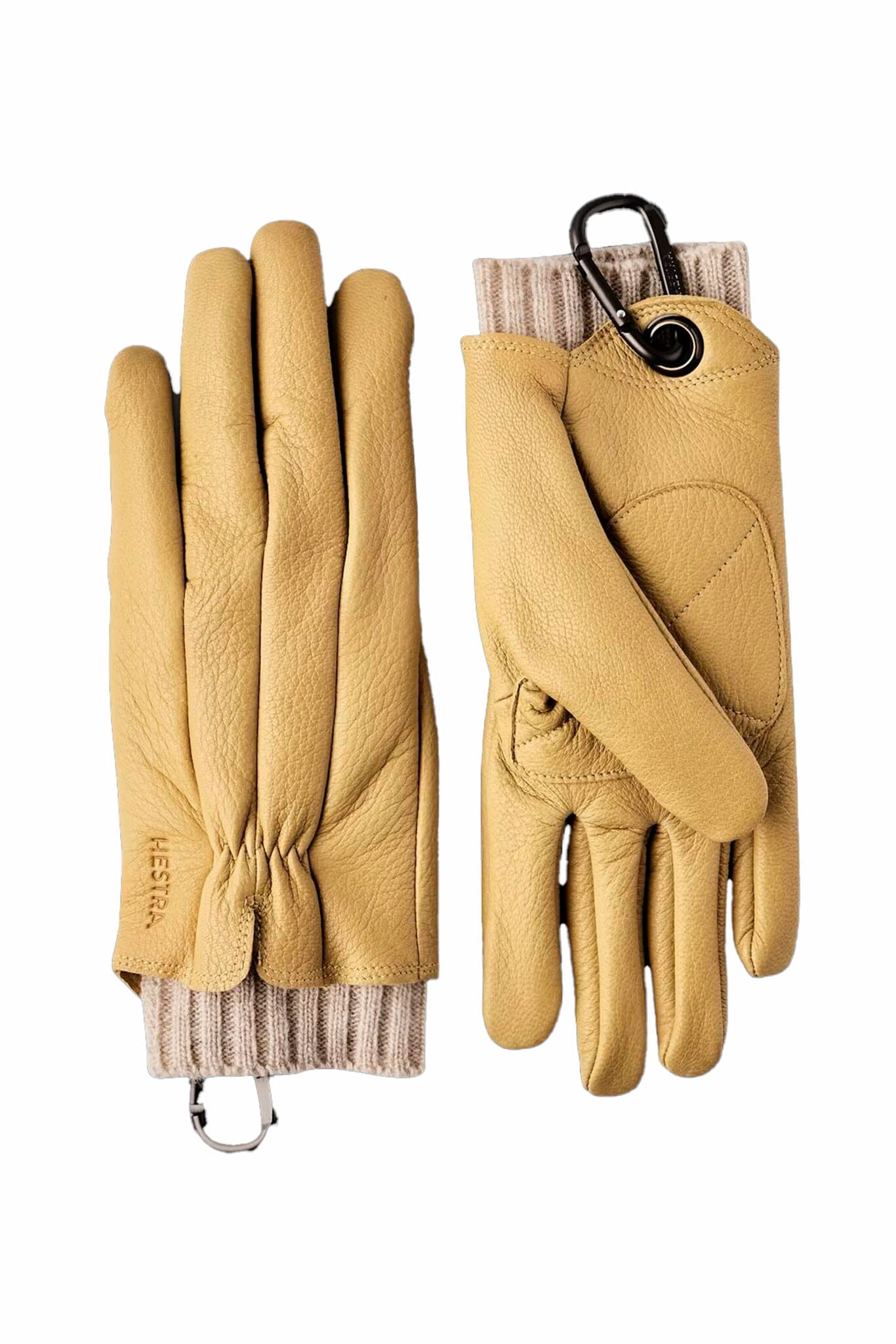 Pair of women's tan leather gloves with a carabiner on a white background