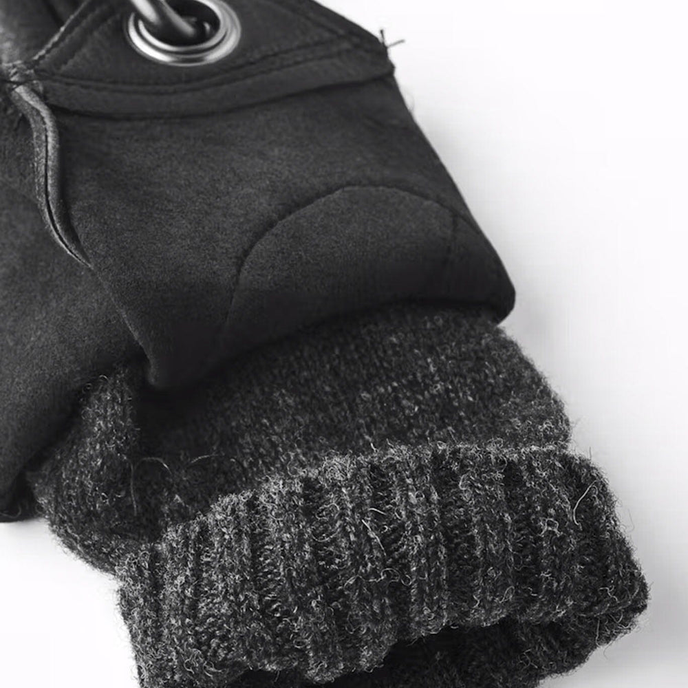 
                  
                    A detailed shot of the wool lining of a women's black leather glove
                  
                
