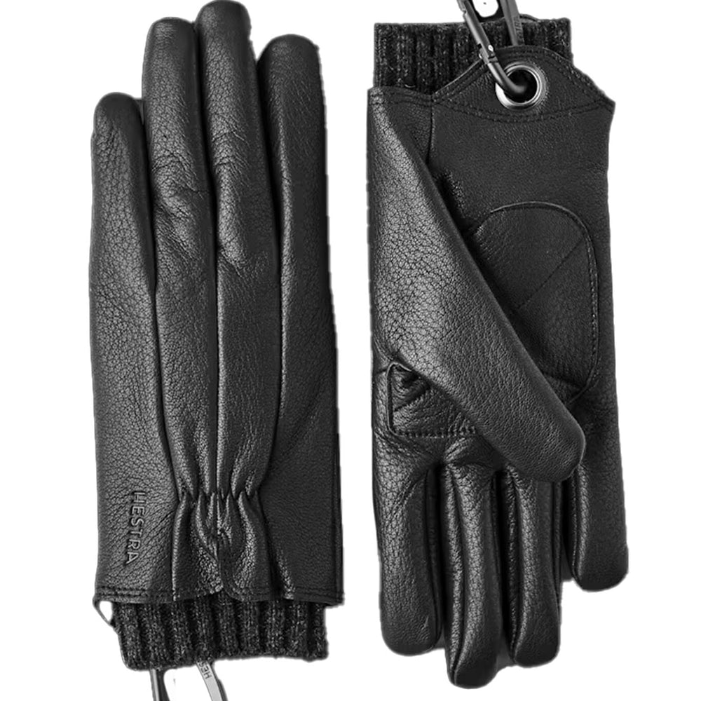 Women's black leather gloves with carabiners 