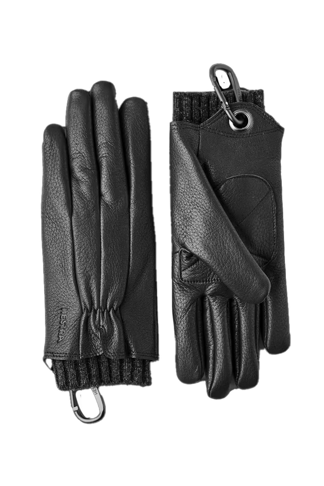 Women's black leather gloves with carabiners 