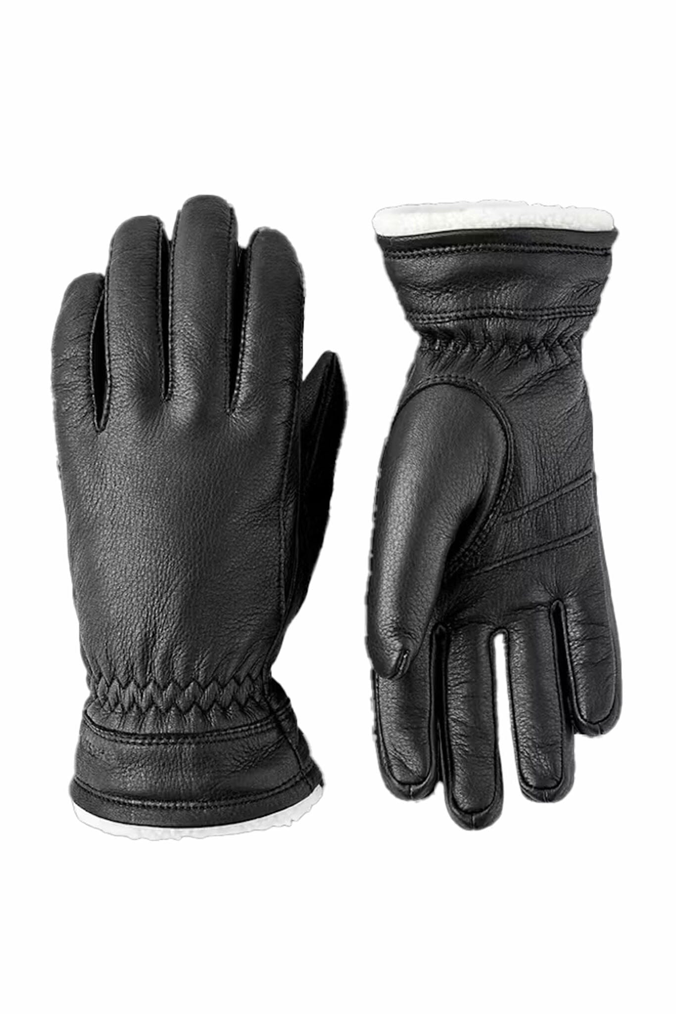 Pair of black leather gloves with insulated wool design on a white background