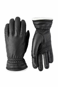 Pair of black leather gloves with insulated wool design on a white background