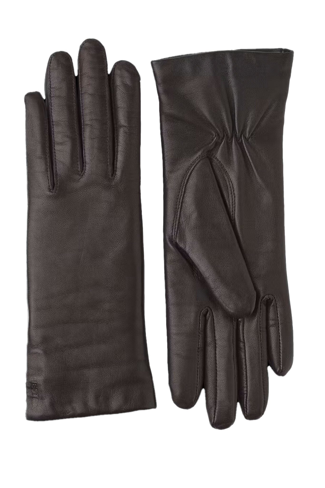 Pair of black leather gloves on a white background