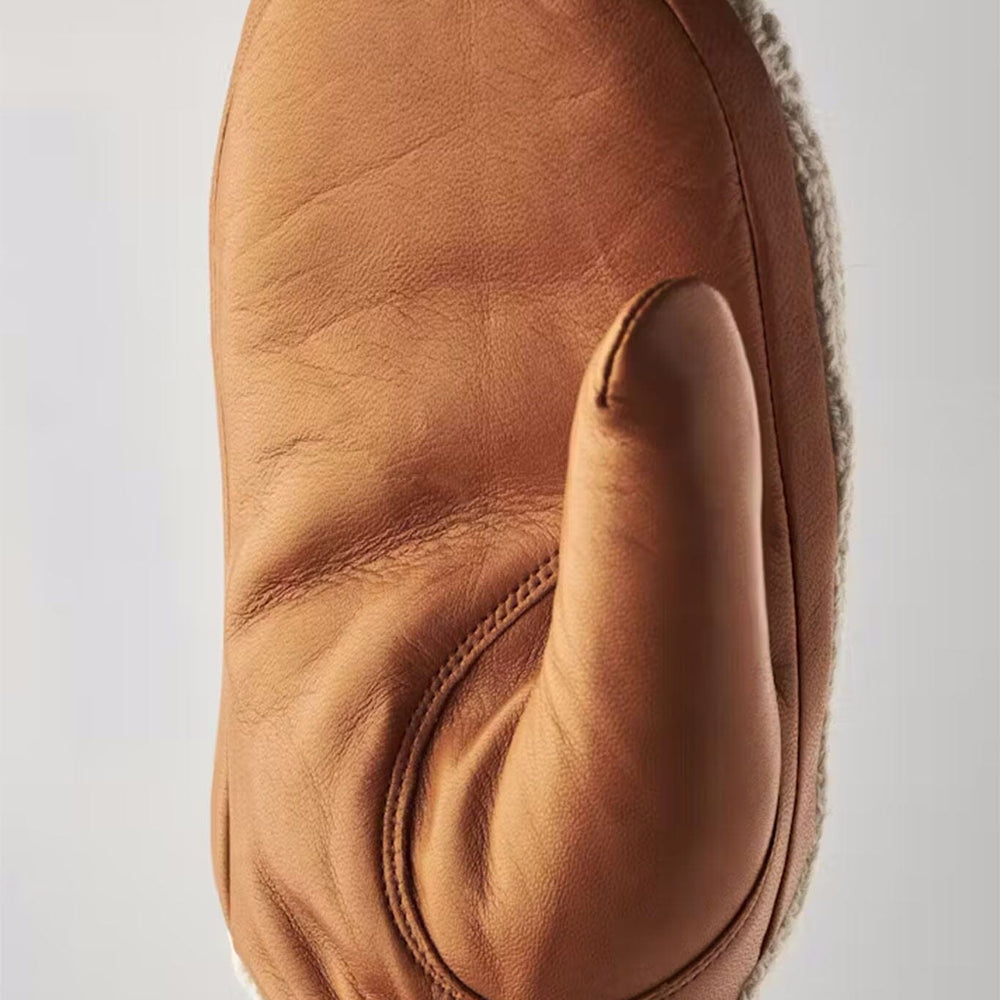 
                  
                    Brown leather mitten on a light gray background
                  
                
