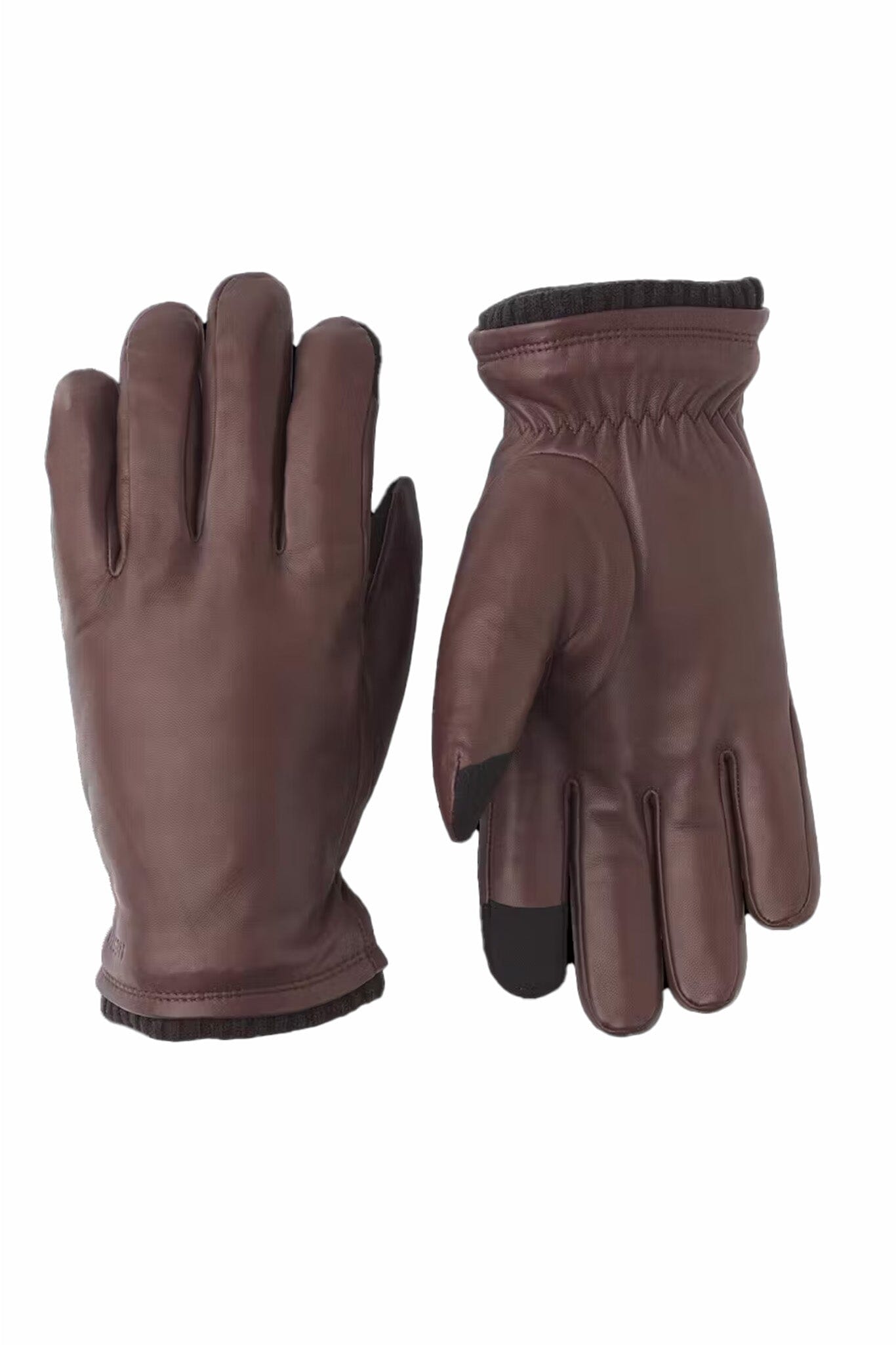 Pair of brown leather gloves on a white background
