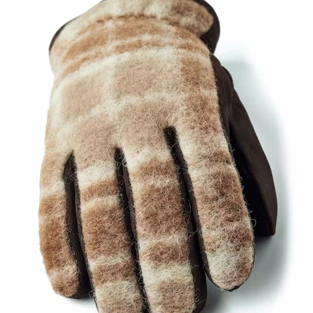 
                  
                    The top of a brown glove with plaid pattern on a white background
                  
                