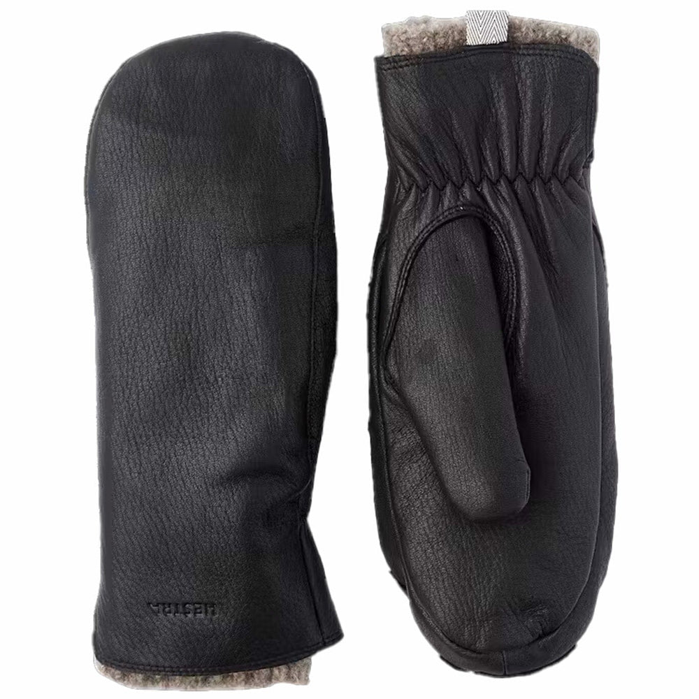 Women's black wool lined mittens on a grey background 
