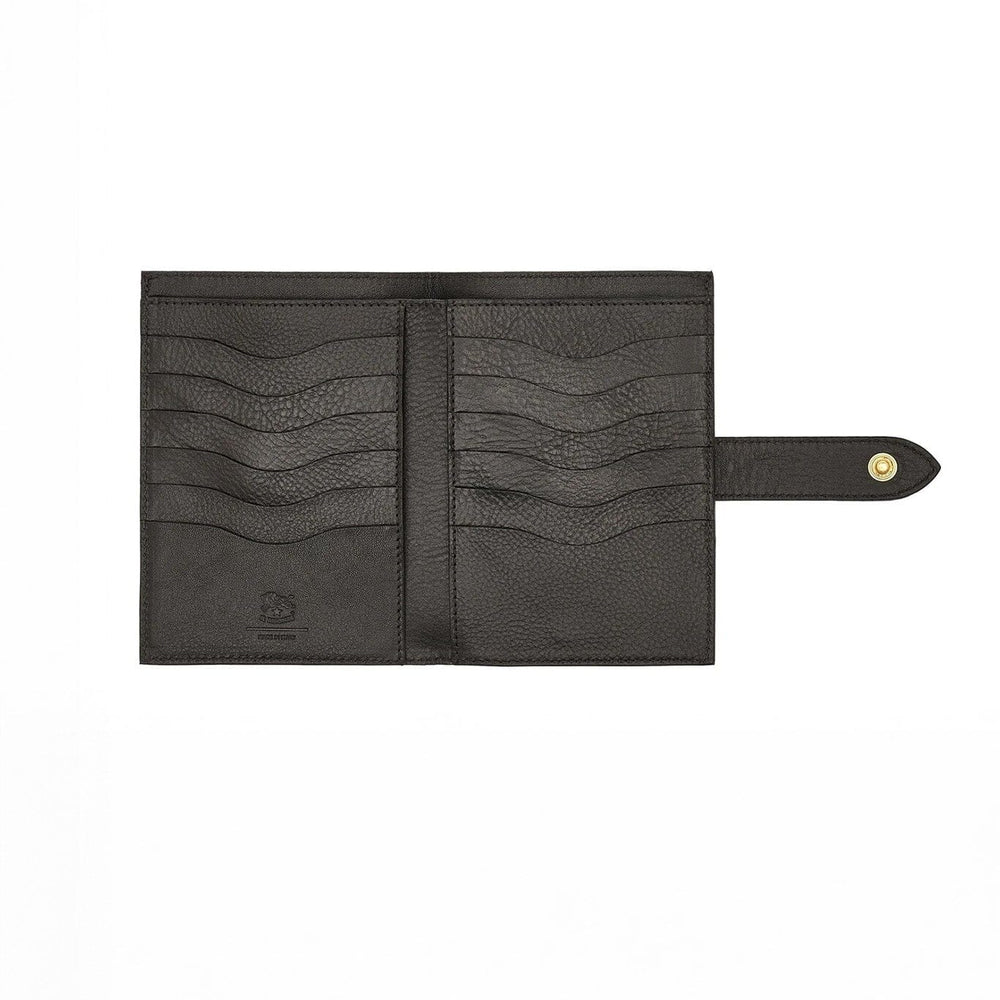 The interior of a black leather wallet with card pockets on a white background