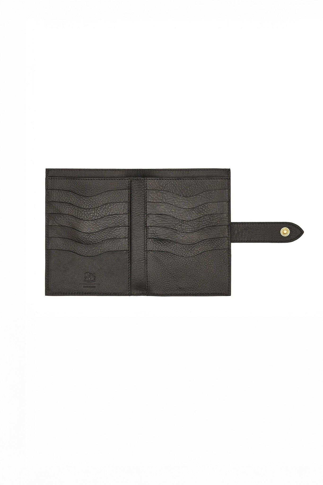 The interior of a black leather wallet with card pockets on a white background