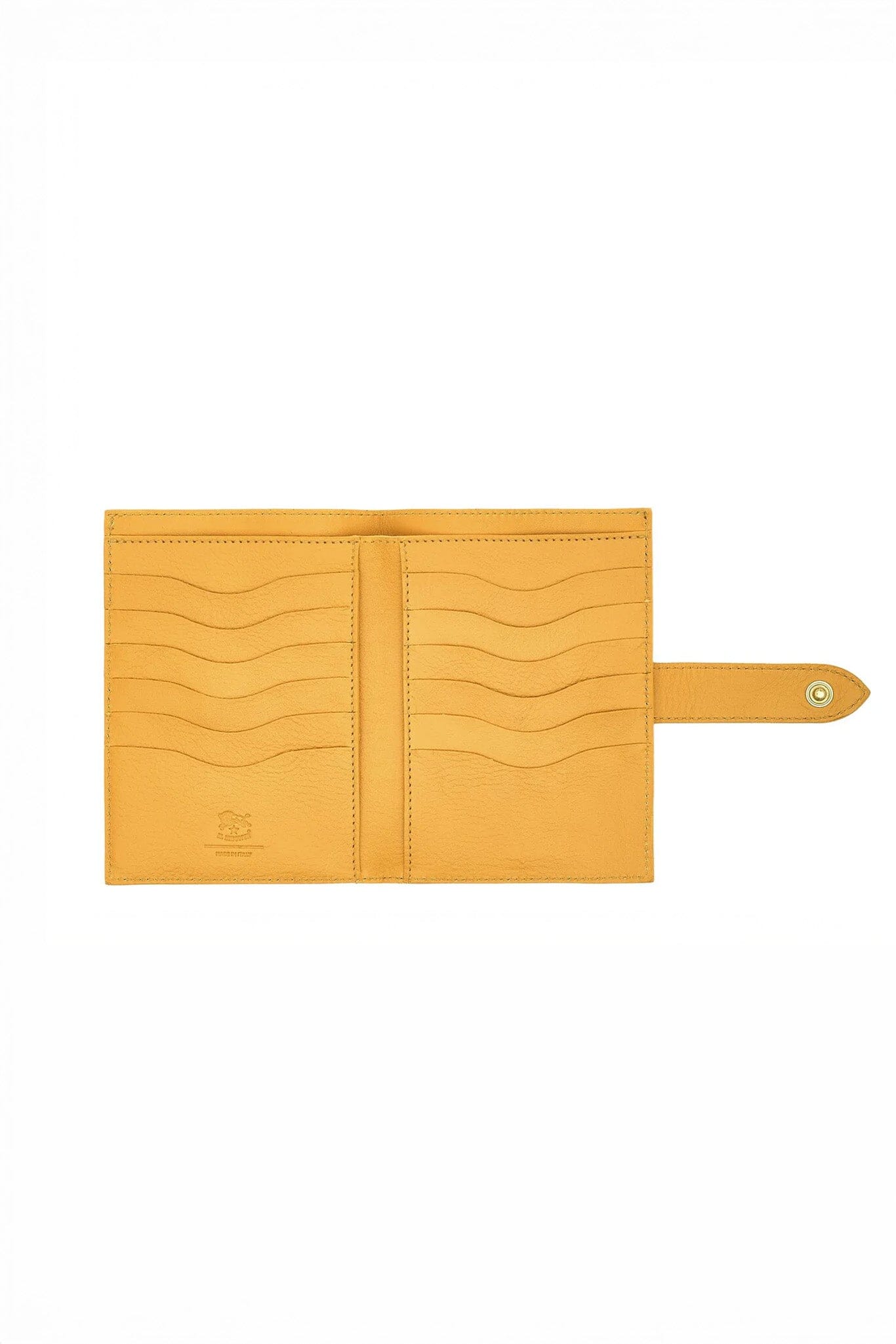 Yellow leather wallet with interior card pockets on a white background