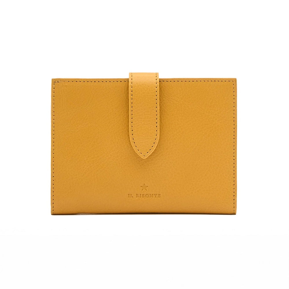 Yellow wallet with a strap on a white background