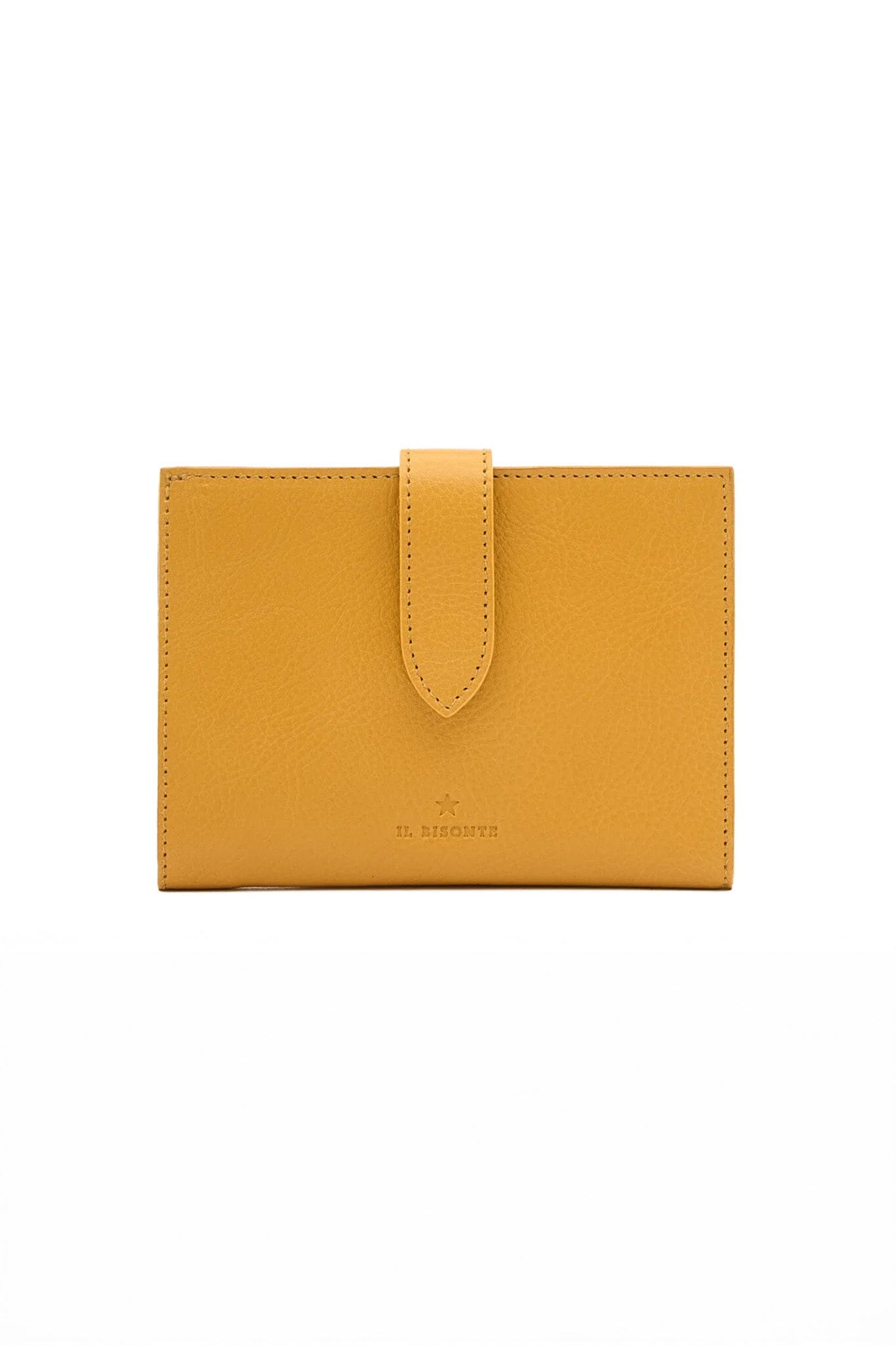 Yellow wallet with a strap on a white background
