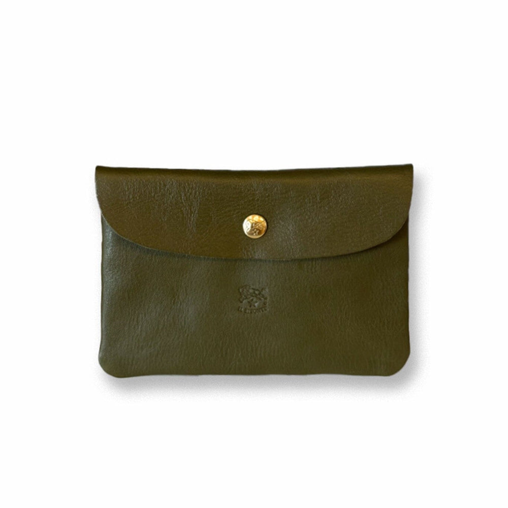 Olive leather snap wallet with a gold button on a white background